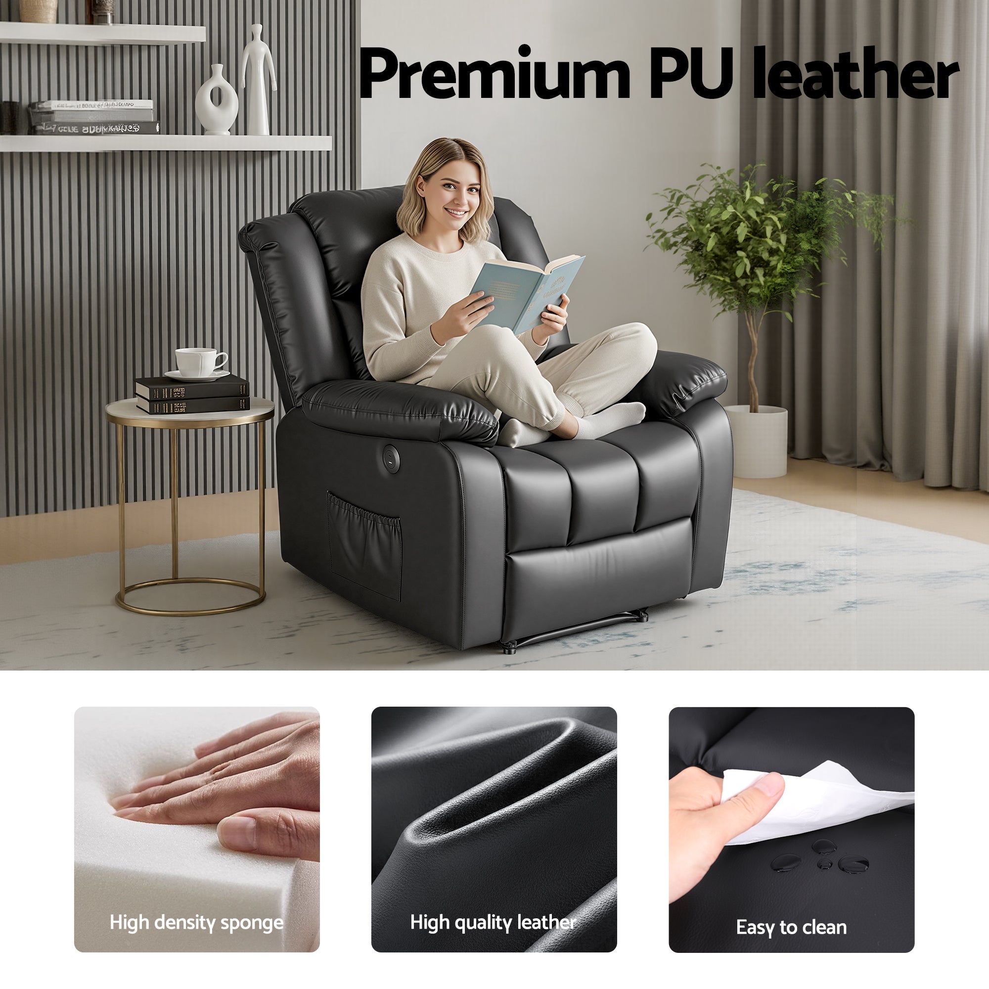 Manual Massage Recliner Chair for Living Room, Leather Sofa Lounge Reclining Chair with 2 USB Port, 160° Recline Reading Chair with 20CM Wide Armrests, 8 Point Vibration & Lumbar Heat, Black - Furniture > Bar Stools & Chairs > Arm Chairs & Recliners - Rivercity House & Home Co. (ABN 18 642 972 209) - Affordable Modern Furniture Australia