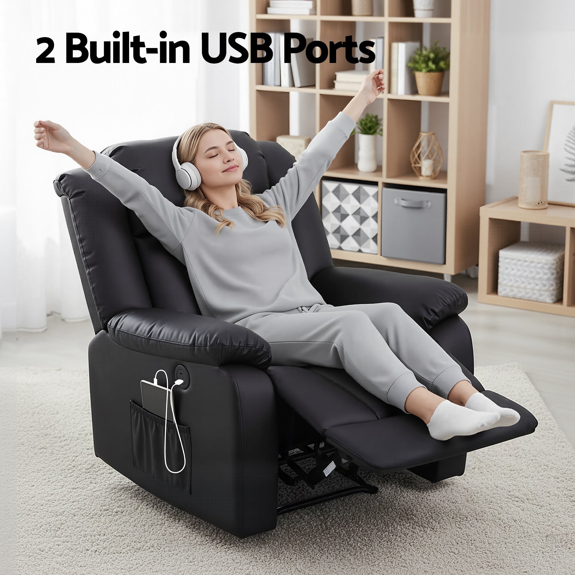 Manual Massage Recliner Chair for Living Room, Leather Sofa Lounge Reclining Chair with 2 USB Port, 160° Recline Reading Chair with 20CM Wide Armrests, 8 Point Vibration & Lumbar Heat, Black - Furniture > Bar Stools & Chairs > Arm Chairs & Recliners - Rivercity House & Home Co. (ABN 18 642 972 209) - Affordable Modern Furniture Australia