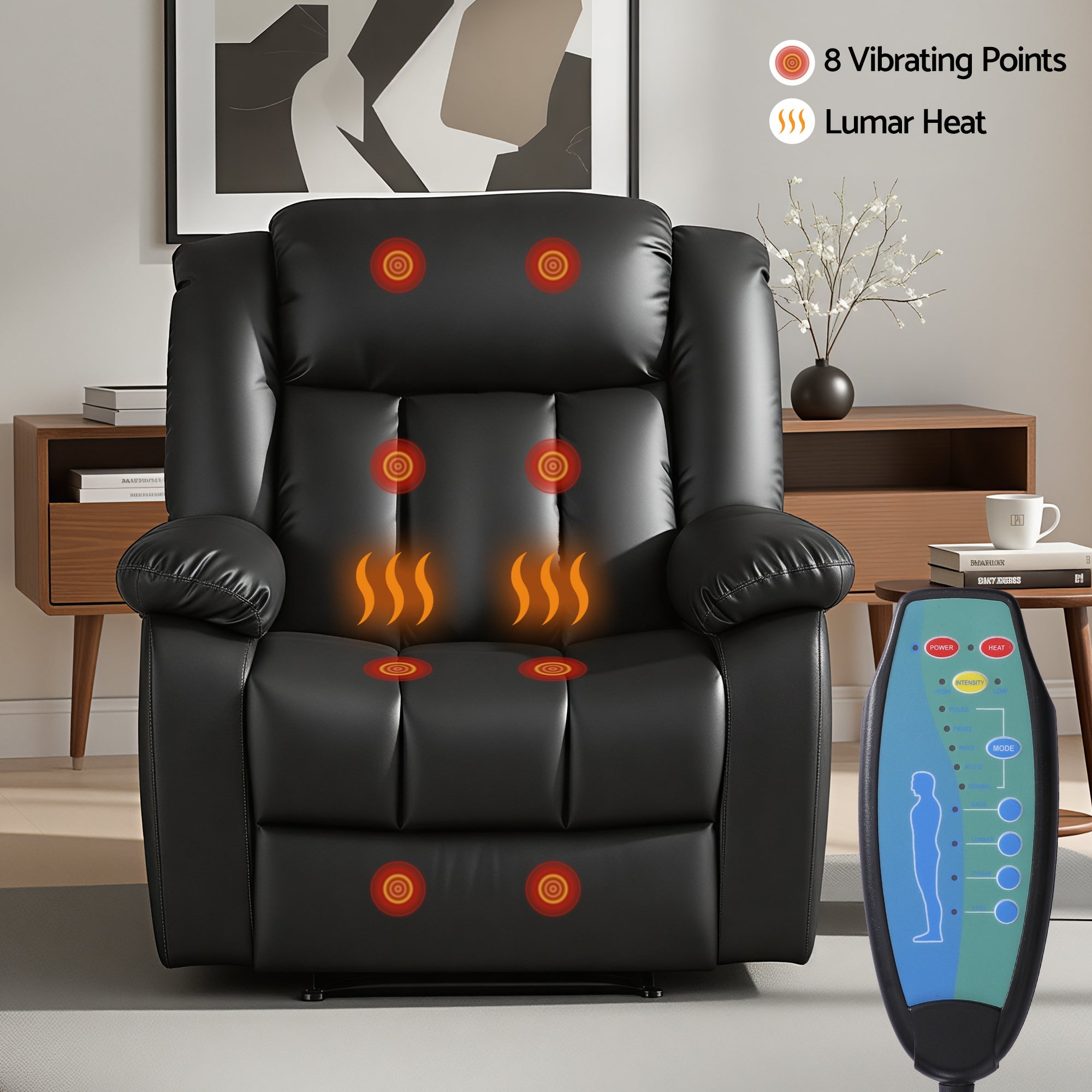 Manual Massage Recliner Chair for Living Room, Leather Sofa Lounge Reclining Chair with 2 USB Port, 160° Recline Reading Chair with 20CM Wide Armrests, 8 Point Vibration & Lumbar Heat, Black - Furniture > Bar Stools & Chairs > Arm Chairs & Recliners - Rivercity House & Home Co. (ABN 18 642 972 209) - Affordable Modern Furniture Australia
