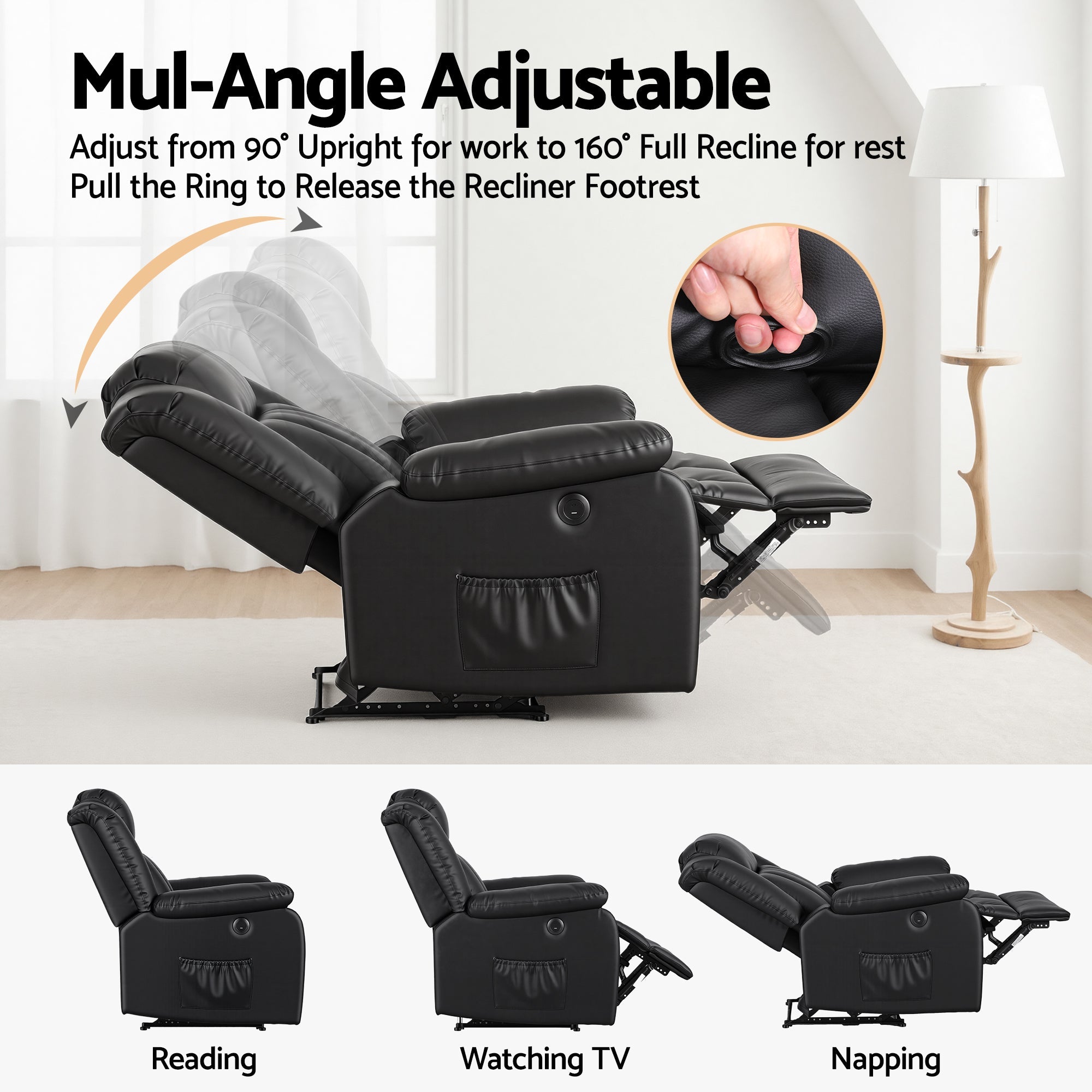 Manual Massage Recliner Chair for Living Room, Leather Sofa Lounge Reclining Chair with 2 USB Port, 160° Recline Reading Chair with 20CM Wide Armrests, 8 Point Vibration & Lumbar Heat, Black - Furniture > Bar Stools & Chairs > Arm Chairs & Recliners - Rivercity House & Home Co. (ABN 18 642 972 209) - Affordable Modern Furniture Australia