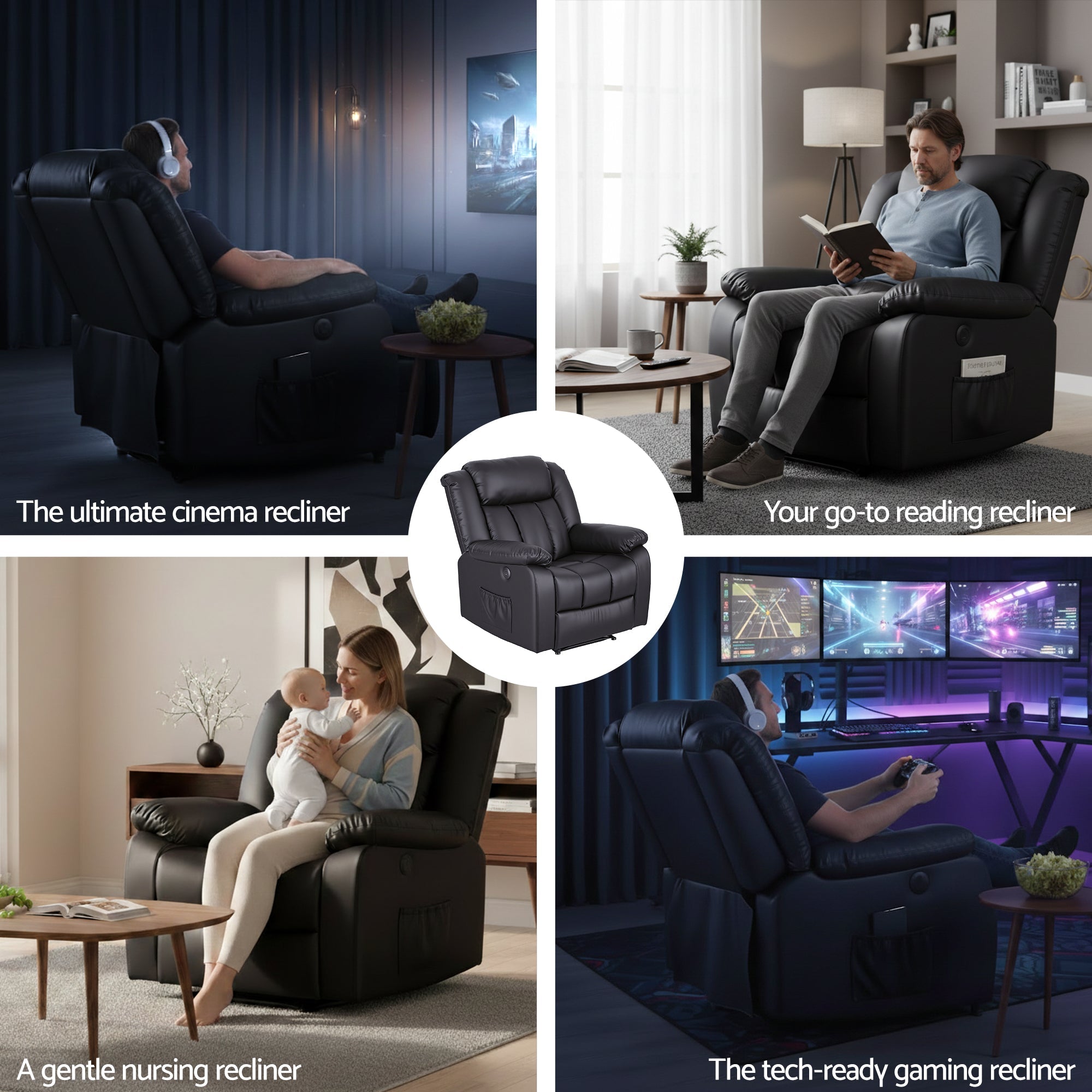 Manual Massage Recliner Chair for Living Room, Leather Sofa Lounge Reclining Chair with 2 USB Port, 160° Recline Reading Chair with 20CM Wide Armrests, 8 Point Vibration & Lumbar Heat, Black - Furniture > Bar Stools & Chairs > Arm Chairs & Recliners - Rivercity House & Home Co. (ABN 18 642 972 209) - Affordable Modern Furniture Australia