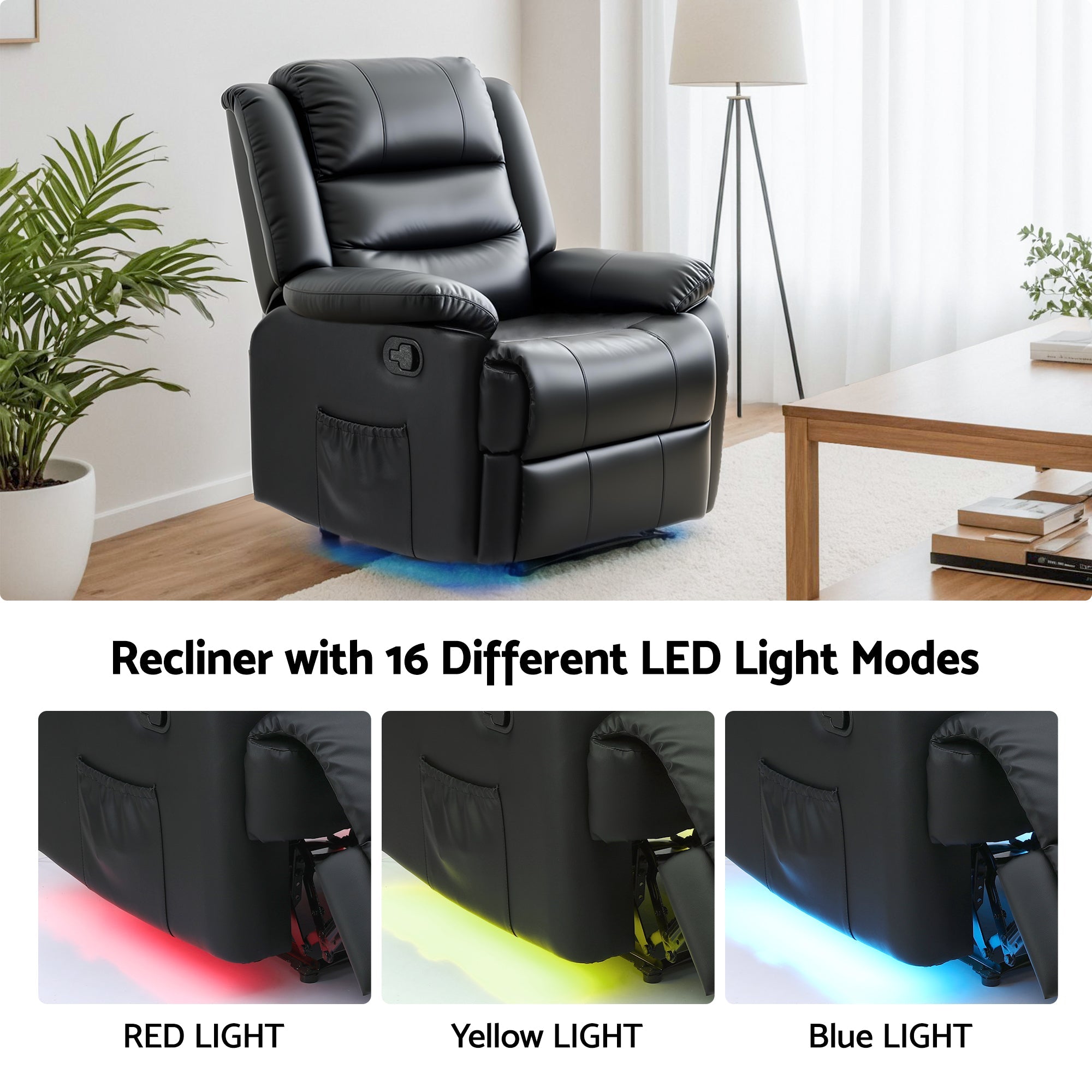 Manual Recliner Chair Leather Reclining Sofa with 16color Led Black - Furniture > Bar Stools & Chairs > Arm Chairs & Recliners - Rivercity House & Home Co. (ABN 18 642 972 209) - Affordable Modern Furniture Australia