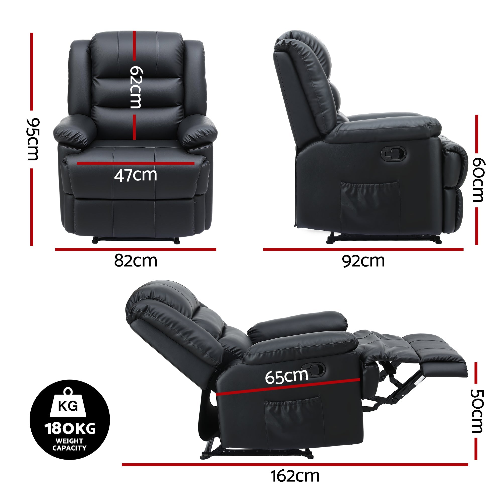 Manual Recliner Chair Leather Reclining Sofa with 16color Led Black - Furniture > Bar Stools & Chairs > Arm Chairs & Recliners - Rivercity House & Home Co. (ABN 18 642 972 209) - Affordable Modern Furniture Australia