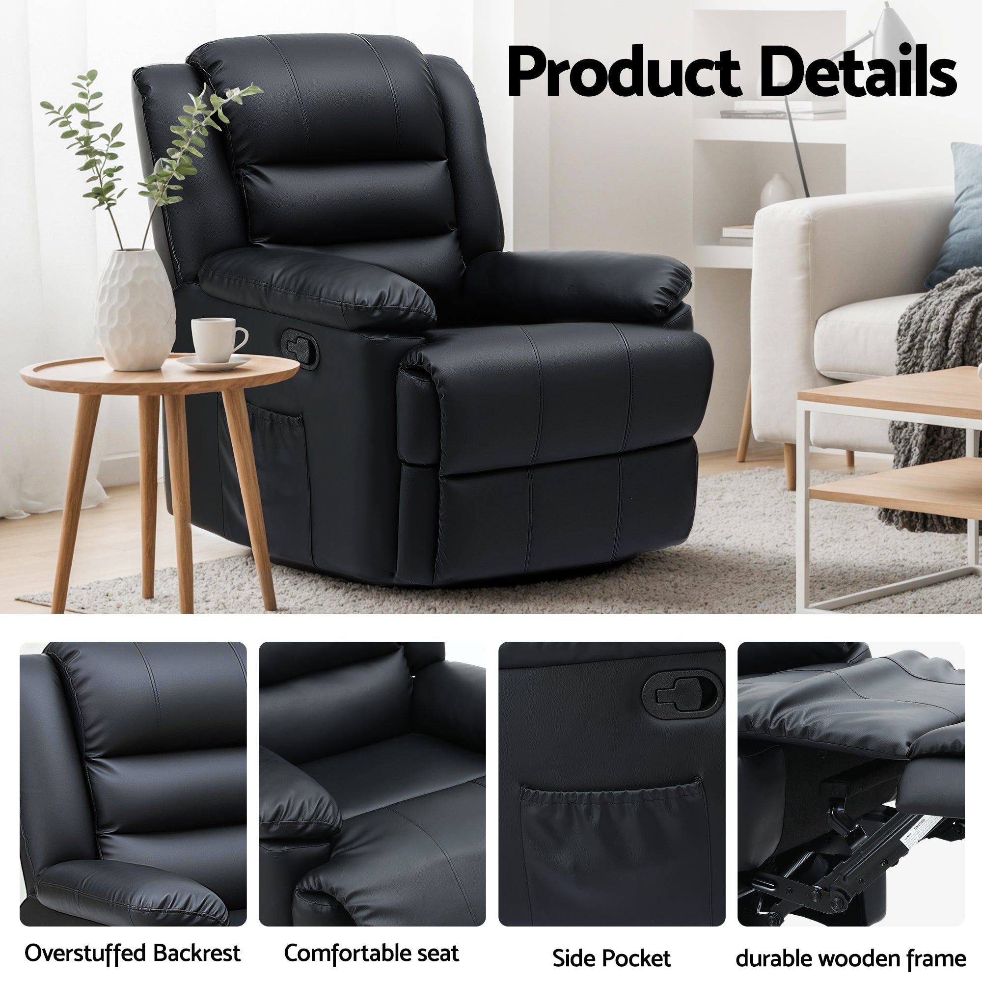 Manual Recliner Chair Leather Reclining Sofa with 16color Led Black - Furniture > Bar Stools & Chairs > Arm Chairs & Recliners - Rivercity House & Home Co. (ABN 18 642 972 209) - Affordable Modern Furniture Australia