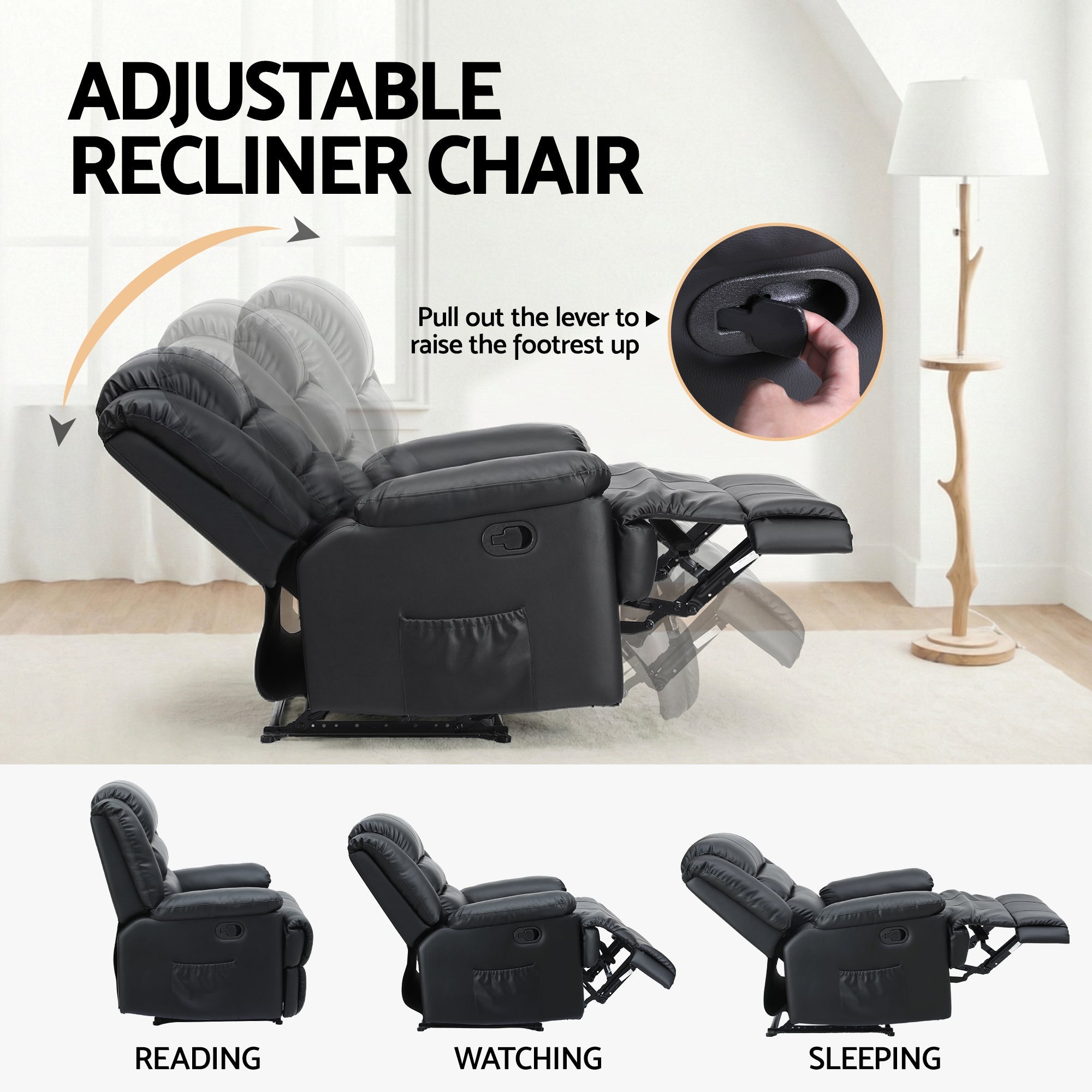 Manual Recliner Chair Leather Reclining Sofa with 16color Led Black - Furniture > Bar Stools & Chairs > Arm Chairs & Recliners - Rivercity House & Home Co. (ABN 18 642 972 209) - Affordable Modern Furniture Australia