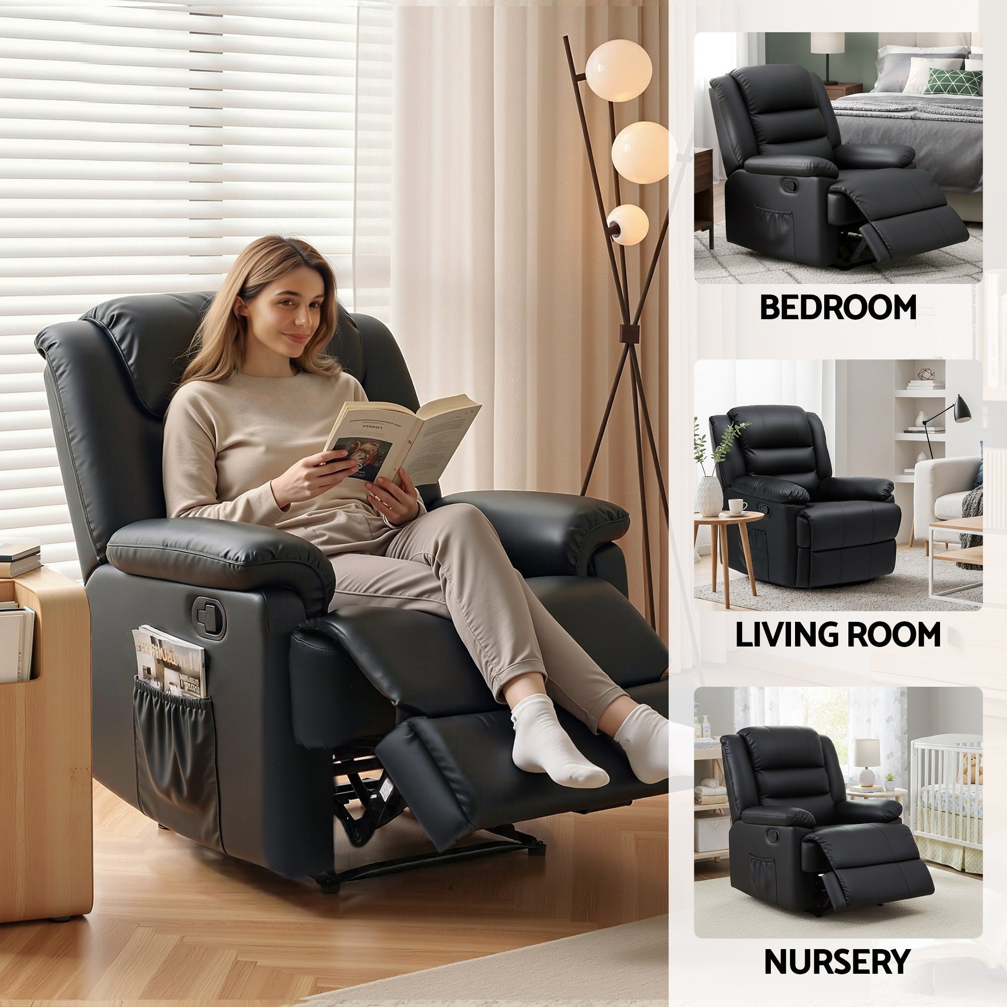 Manual Recliner Chair Leather Reclining Sofa with 16color Led Black - Furniture > Bar Stools & Chairs > Arm Chairs & Recliners - Rivercity House & Home Co. (ABN 18 642 972 209) - Affordable Modern Furniture Australia
