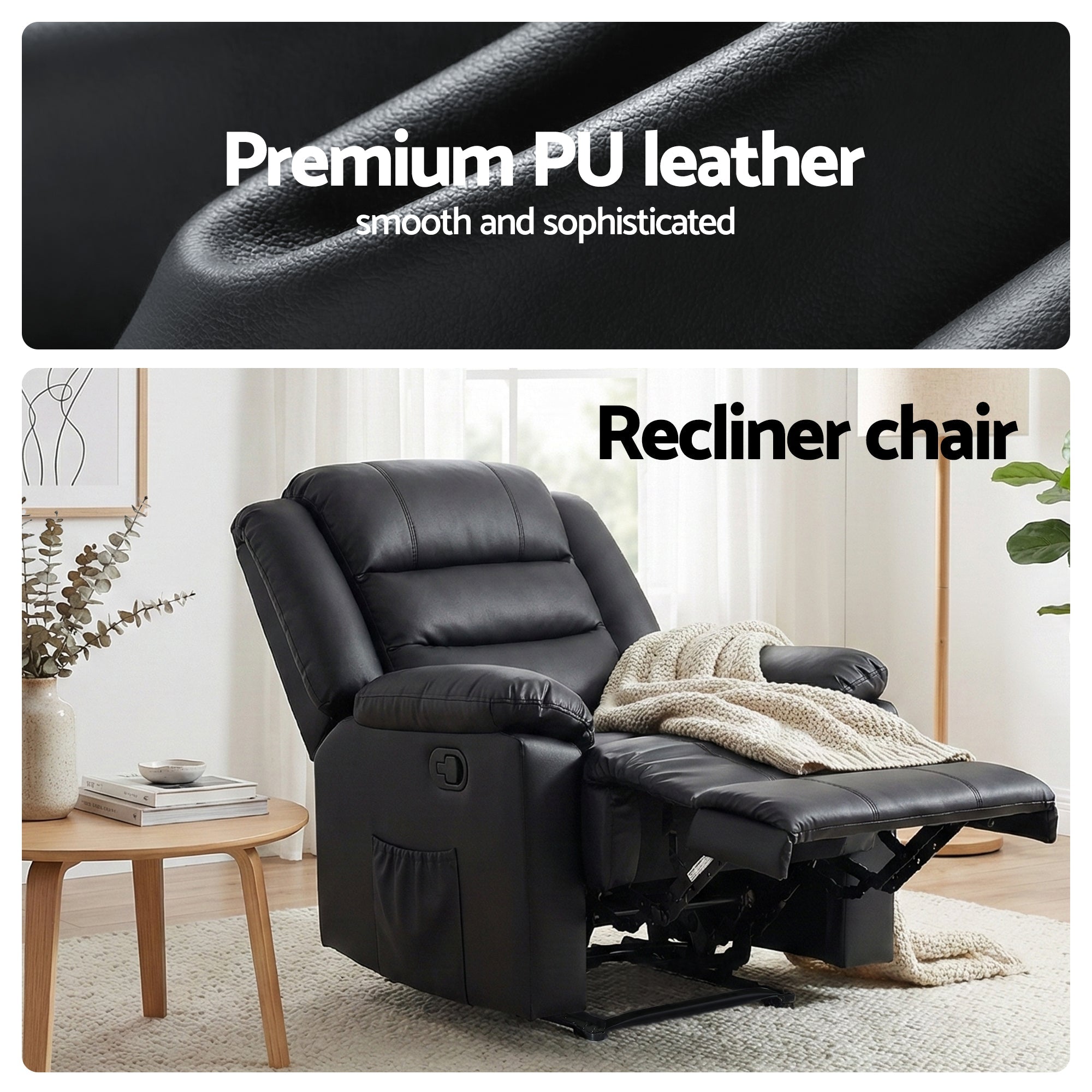 Manual Recliner Chair Leather Reclining Sofa with 16color Led Black - Furniture > Bar Stools & Chairs > Arm Chairs & Recliners - Rivercity House & Home Co. (ABN 18 642 972 209) - Affordable Modern Furniture Australia