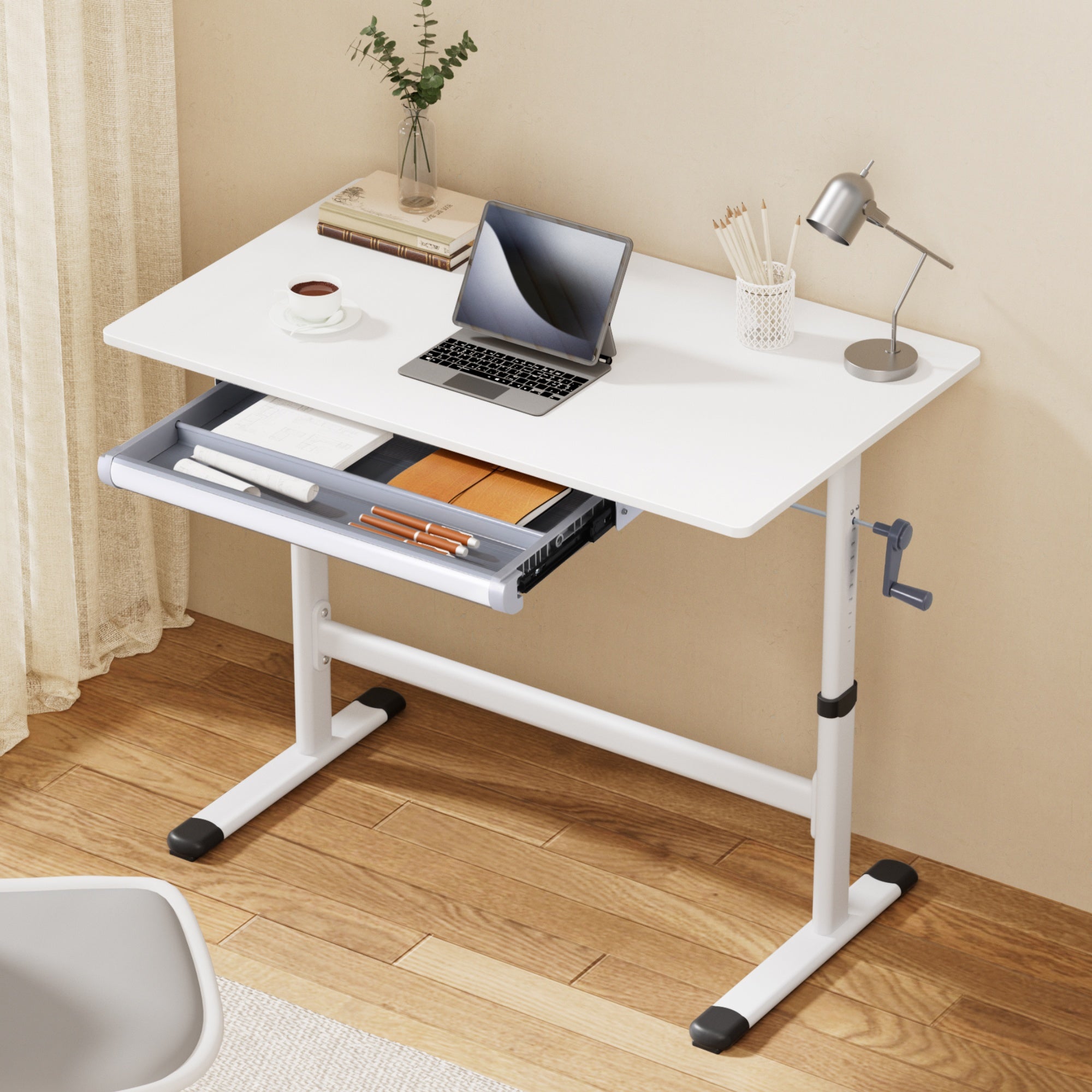 Manual Standing Desk Height Adjustable Workstation Computer Desks Study 100CM White - Furniture > Office > Desks - Rivercity House & Home Co. (ABN 18 642 972 209) - Affordable Modern Furniture Australia