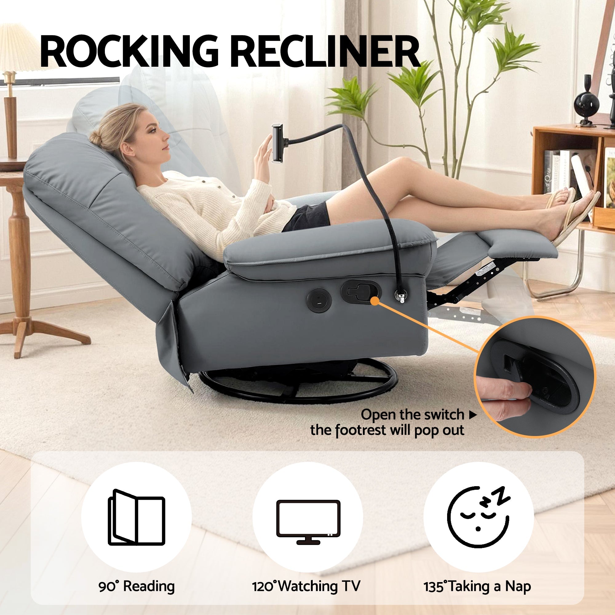Manual Swivel Rocker Recliner with USB Ports Rocking Chair Nursery Sofa Lounge - Furniture > Bar Stools & Chairs > Arm Chairs & Recliners - Rivercity House & Home Co. (ABN 18 642 972 209) - Affordable Modern Furniture Australia