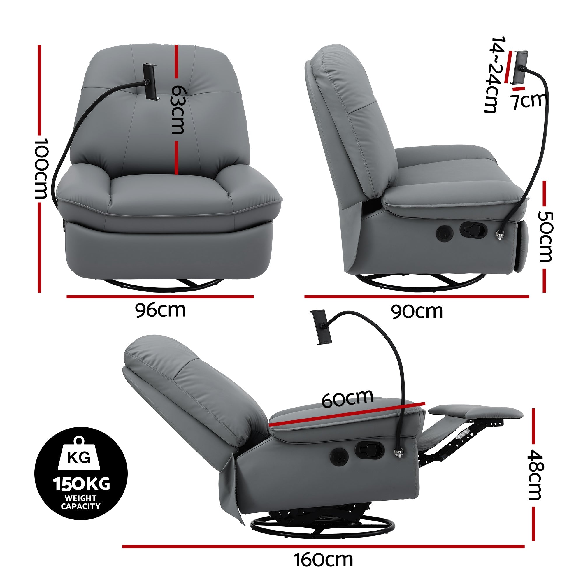 Manual Swivel Rocker Recliner with USB Ports Rocking Chair Nursery Sofa Lounge - Furniture > Bar Stools & Chairs > Arm Chairs & Recliners - Rivercity House & Home Co. (ABN 18 642 972 209) - Affordable Modern Furniture Australia