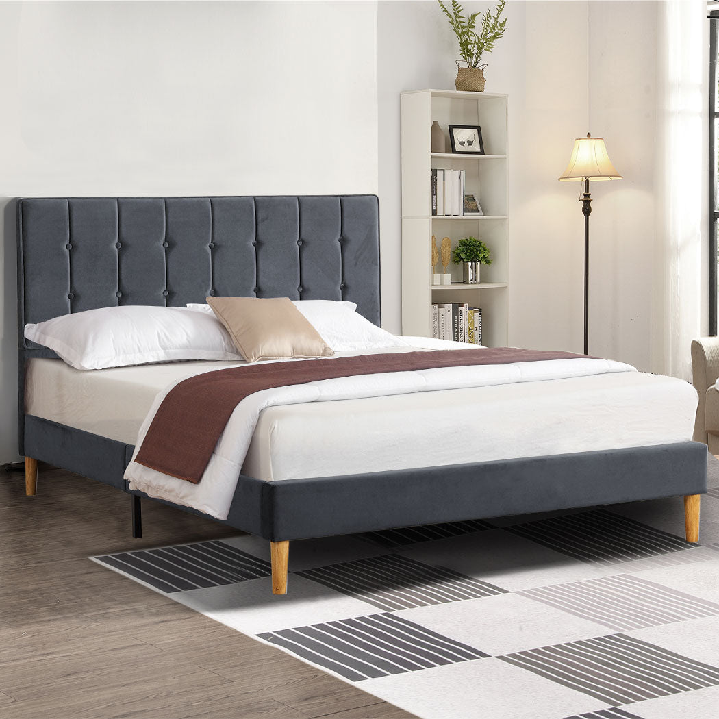 Marlow Double Bed Frame with Velvet Upholstery – Grey - Rivercity House & Home Co. (ABN 18 642 972 209) - Affordable Modern Furniture Australia