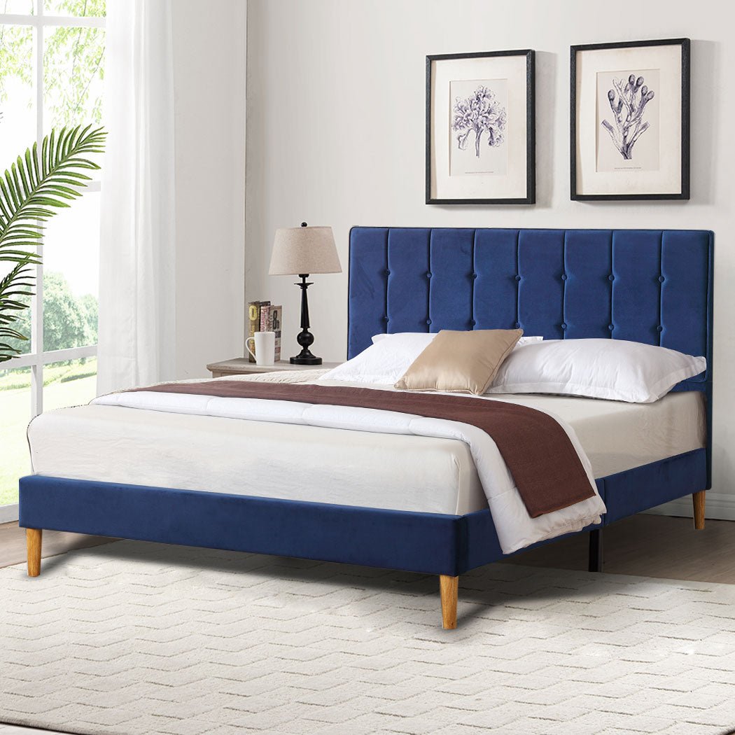 Marlow Queen Bed Frame with Velvet Upholstery – Blue - Rivercity House & Home Co. (ABN 18 642 972 209) - Affordable Modern Furniture Australia