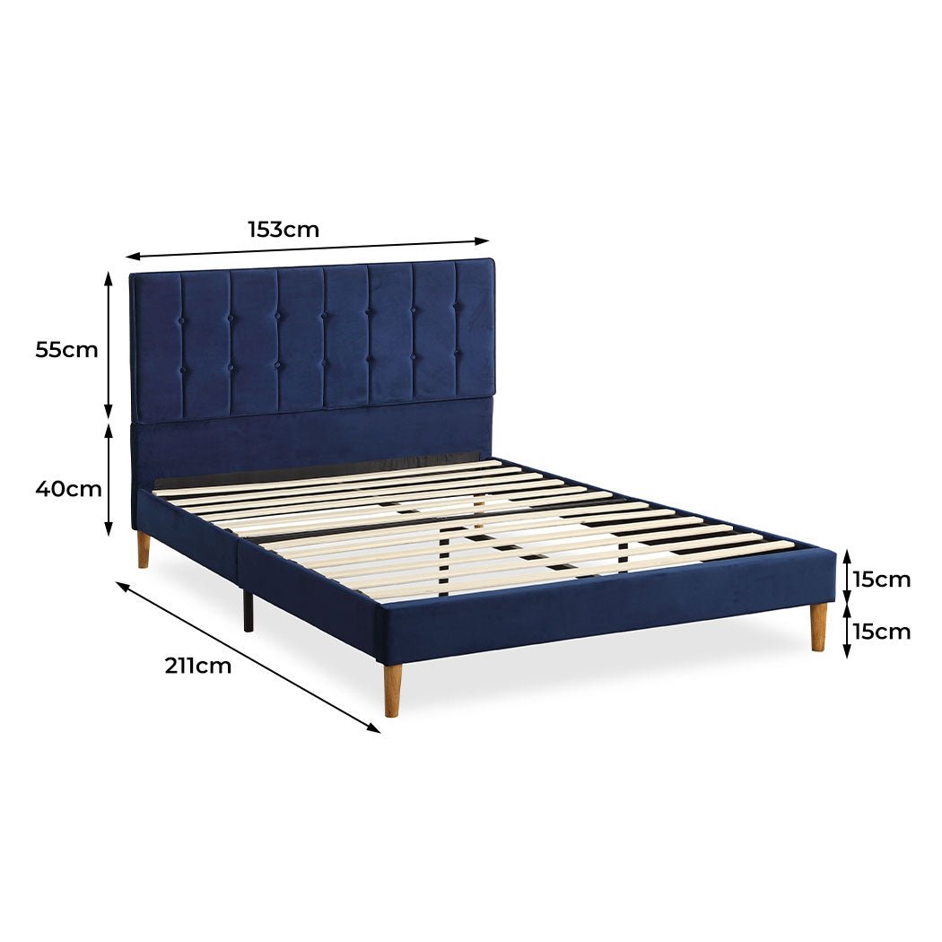 Marlow Queen Bed Frame with Velvet Upholstery – Blue - Rivercity House & Home Co. (ABN 18 642 972 209) - Affordable Modern Furniture Australia