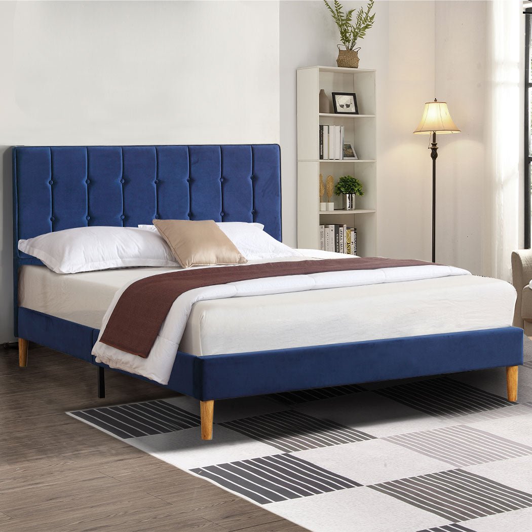 Marlow Queen Bed Frame with Velvet Upholstery – Blue - Rivercity House & Home Co. (ABN 18 642 972 209) - Affordable Modern Furniture Australia