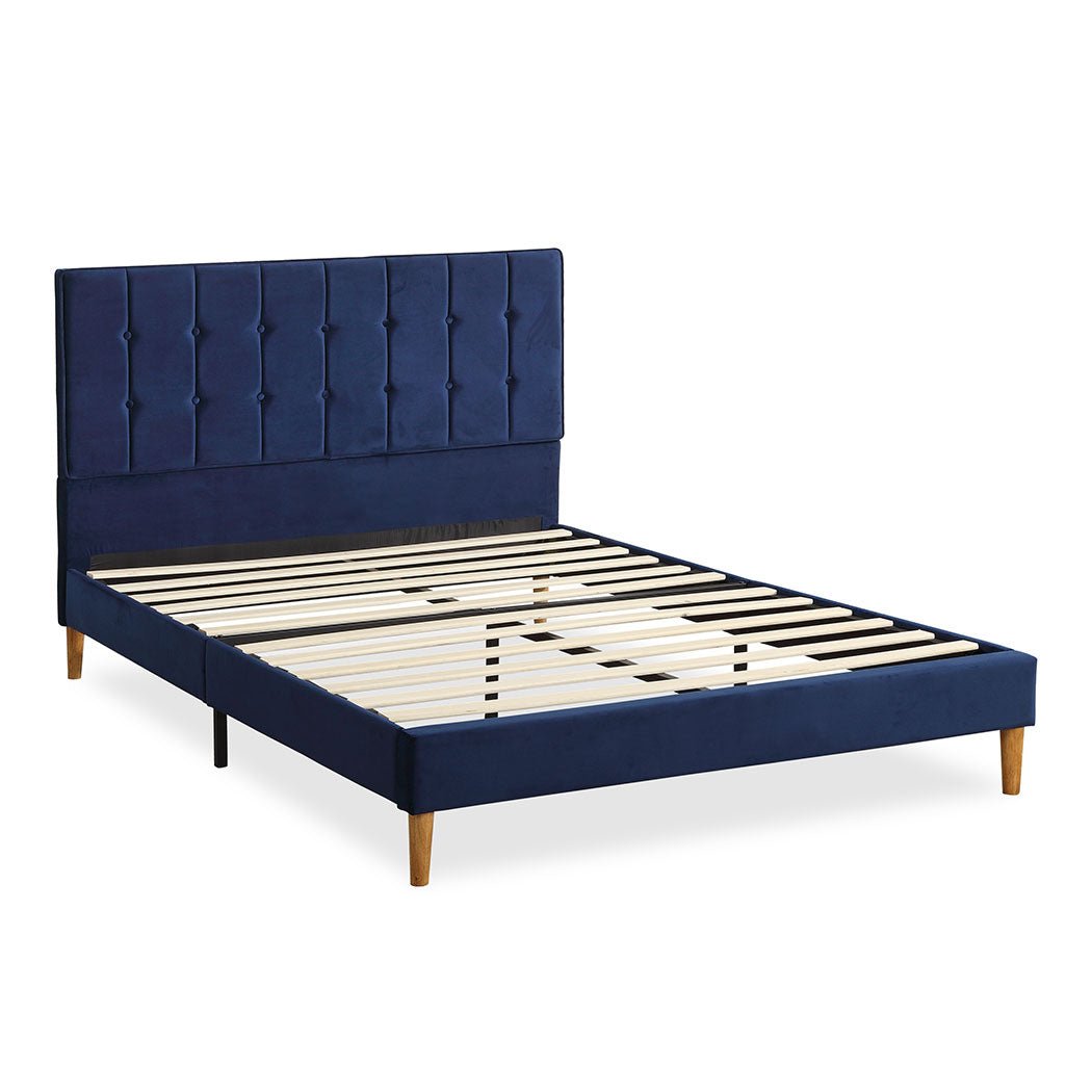 Marlow Queen Bed Frame with Velvet Upholstery – Blue - Rivercity House & Home Co. (ABN 18 642 972 209) - Affordable Modern Furniture Australia