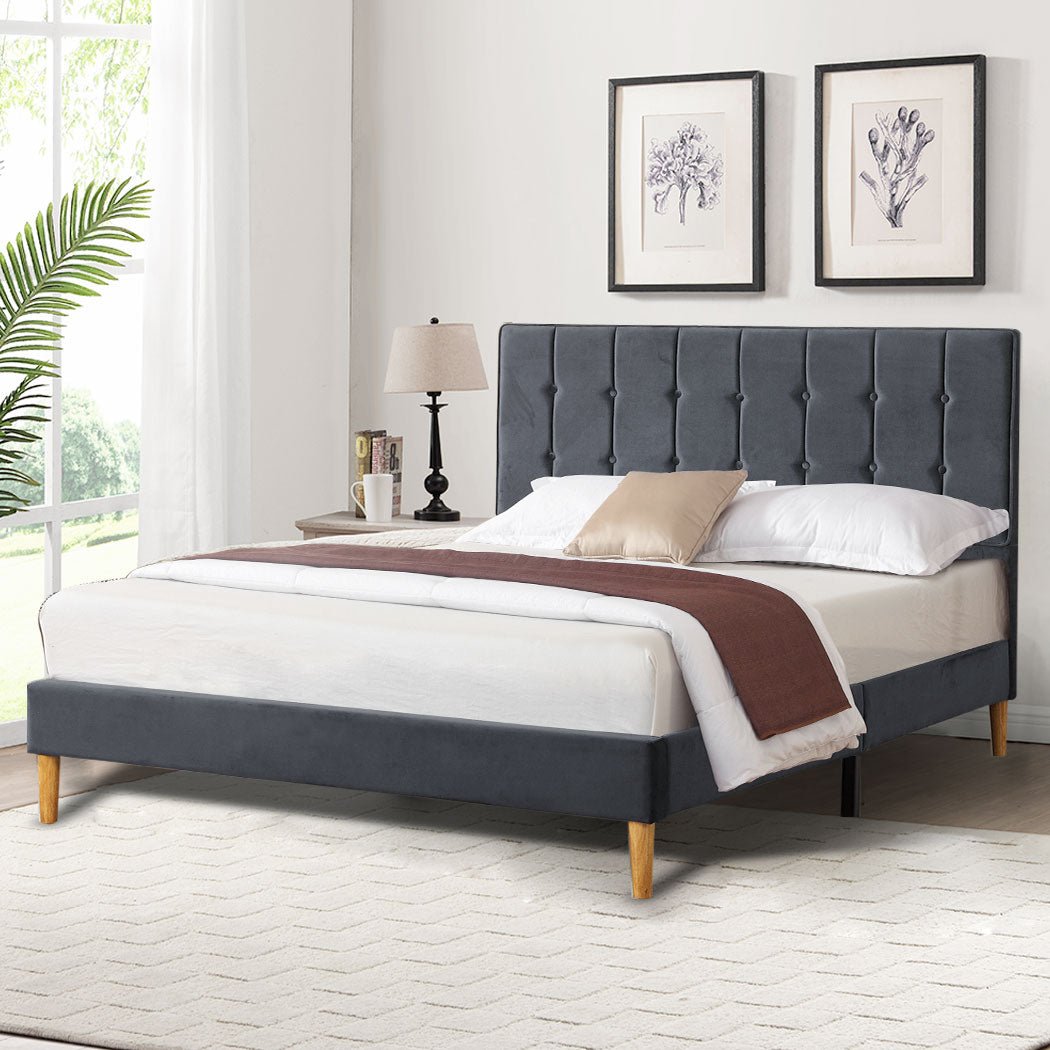 Marlow Queen Bed Frame with Velvet Upholstery – Grey - Rivercity House & Home Co. (ABN 18 642 972 209) - Affordable Modern Furniture Australia