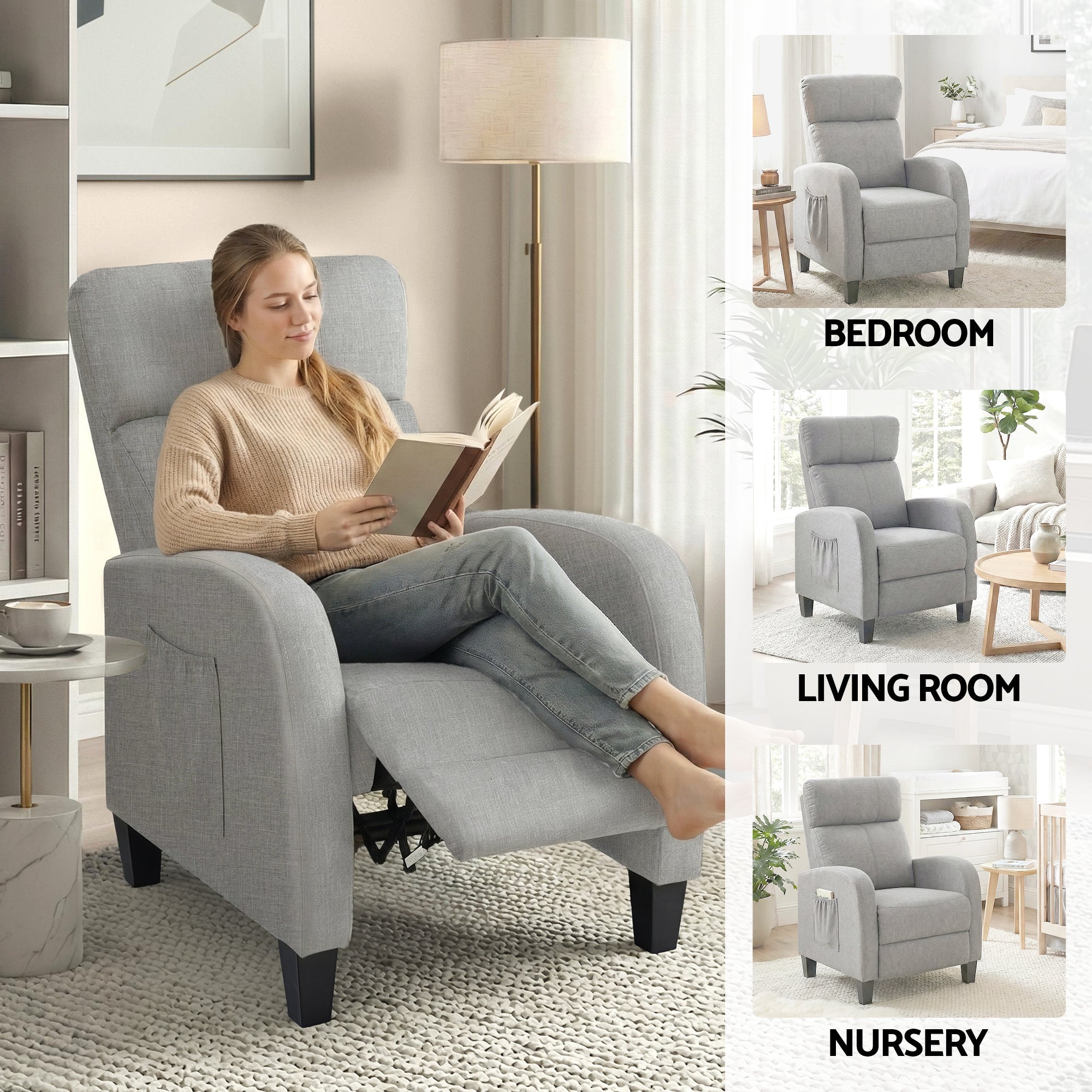 Massage Recliner Chair Small Recliner Sofa for Adults Fabric Grey - Furniture > Bar Stools & Chairs > Arm Chairs & Recliners - Rivercity House & Home Co. (ABN 18 642 972 209) - Affordable Modern Furniture Australia