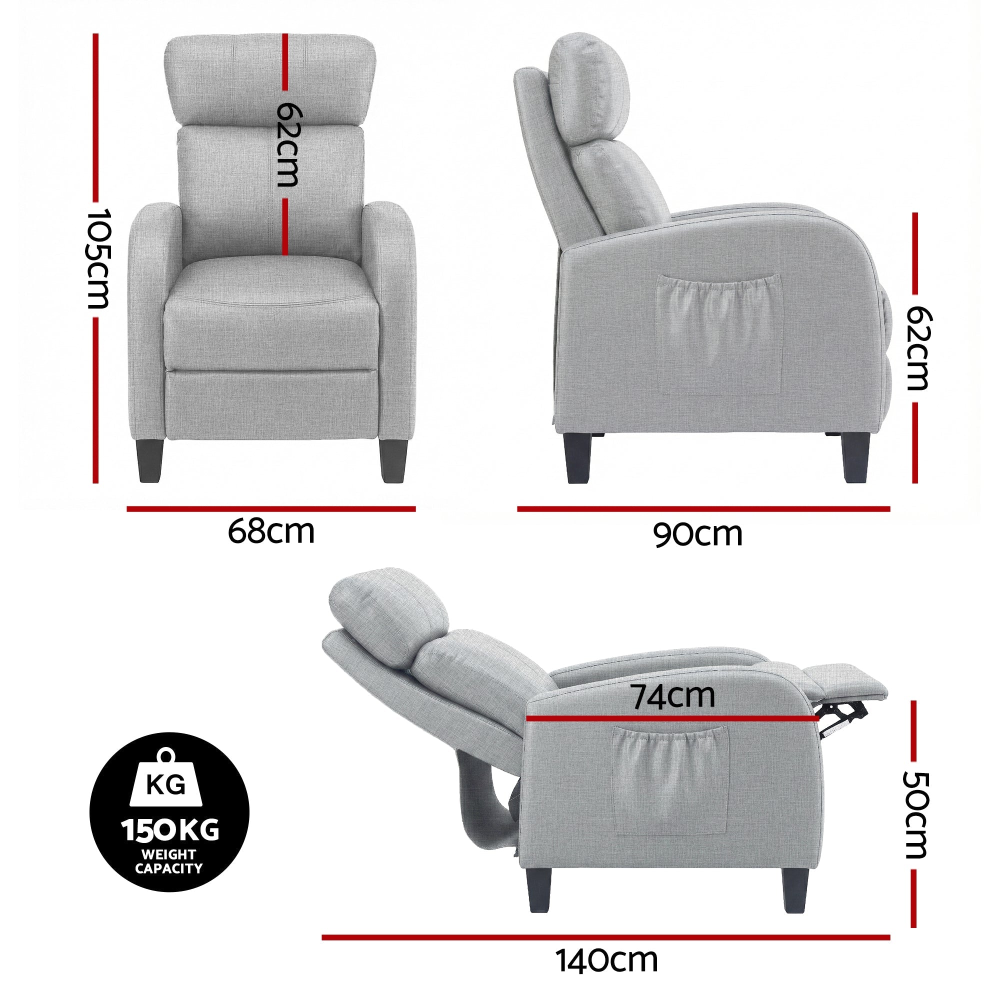 Massage Recliner Chair Small Recliner Sofa for Adults Fabric Grey - Furniture > Bar Stools & Chairs > Arm Chairs & Recliners - Rivercity House & Home Co. (ABN 18 642 972 209) - Affordable Modern Furniture Australia