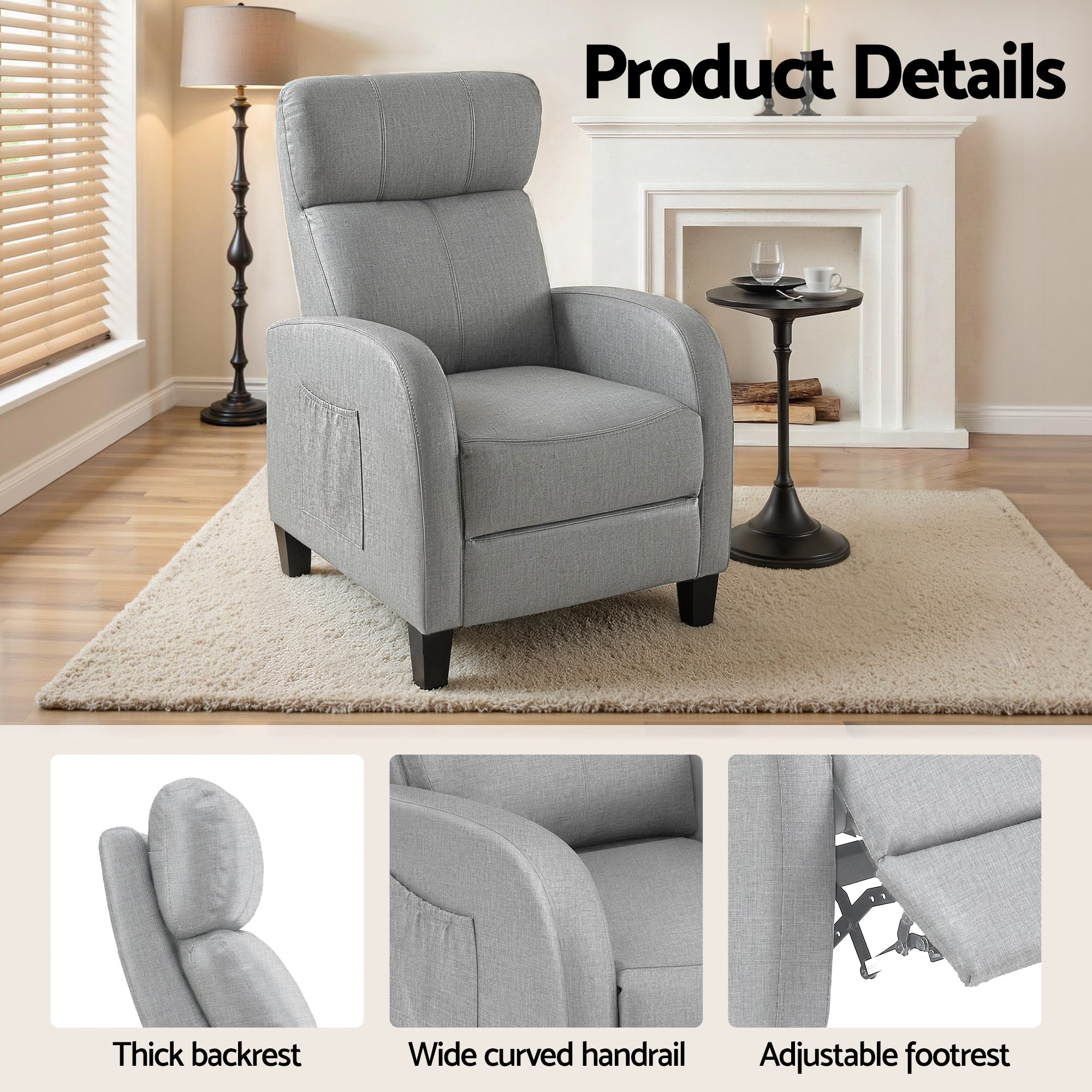 Massage Recliner Chair Small Recliner Sofa for Adults Fabric Grey - Furniture > Bar Stools & Chairs > Arm Chairs & Recliners - Rivercity House & Home Co. (ABN 18 642 972 209) - Affordable Modern Furniture Australia