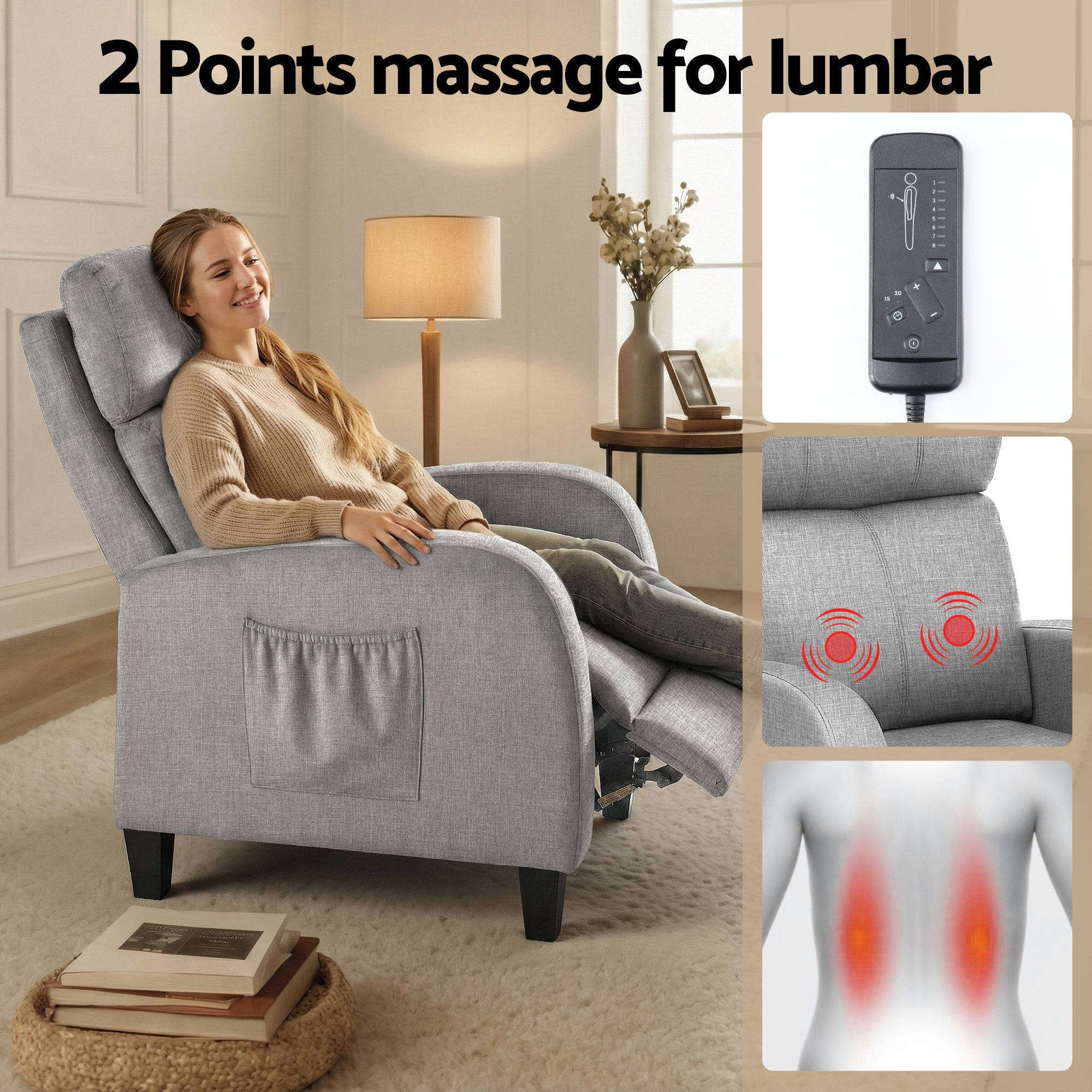Massage Recliner Chair Small Recliner Sofa for Adults Fabric Grey - Furniture > Bar Stools & Chairs > Arm Chairs & Recliners - Rivercity House & Home Co. (ABN 18 642 972 209) - Affordable Modern Furniture Australia