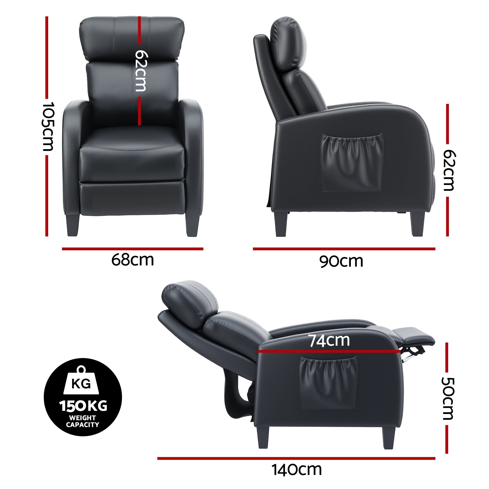 Massage Recliner Chair Small Recliner Sofa for Adults PU Leather Black - Furniture > Bar Stools & Chairs > Arm Chairs & Recliners - Rivercity House & Home Co. (ABN 18 642 972 209) - Affordable Modern Furniture Australia