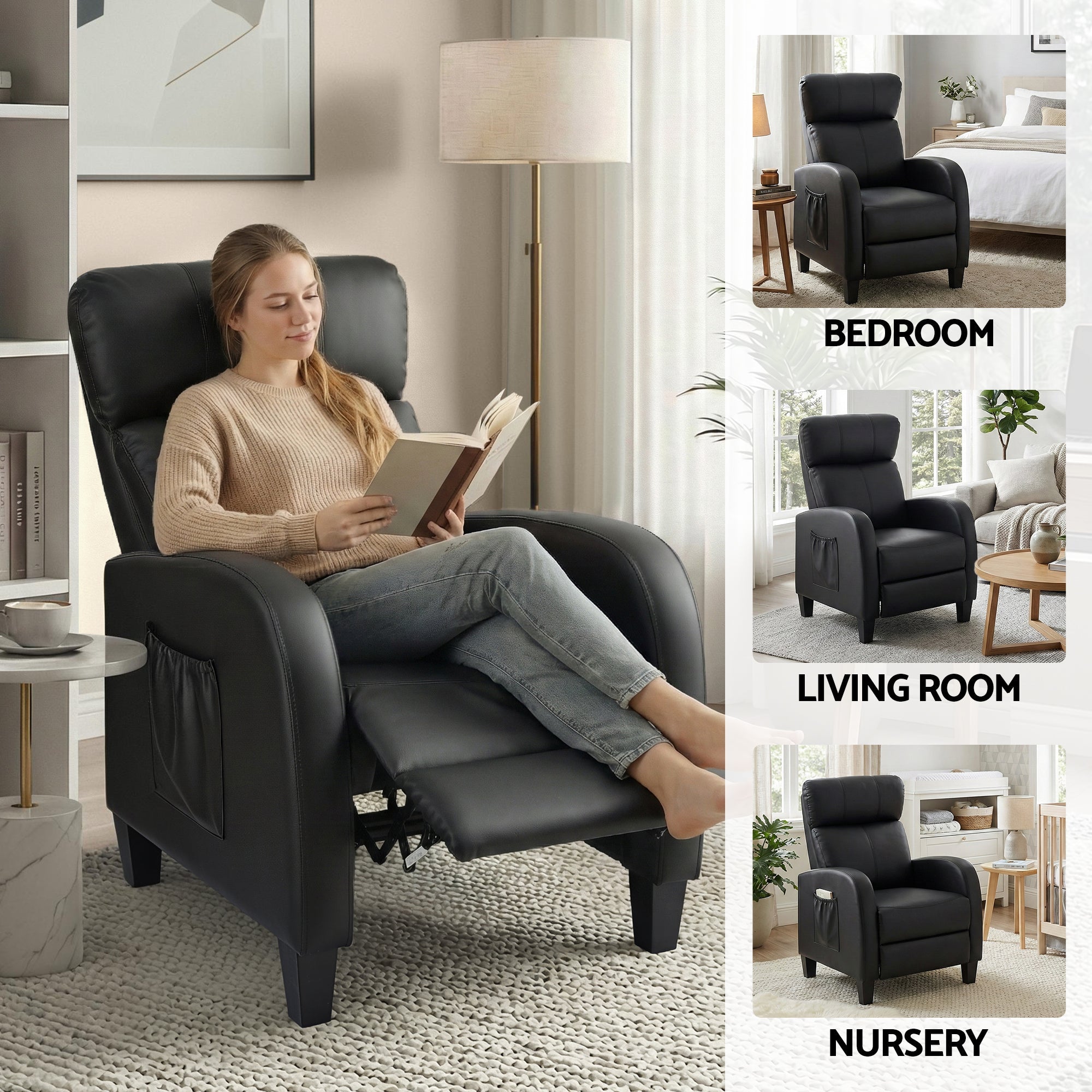 Massage Recliner Chair Small Recliner Sofa for Adults PU Leather Black - Furniture > Bar Stools & Chairs > Arm Chairs & Recliners - Rivercity House & Home Co. (ABN 18 642 972 209) - Affordable Modern Furniture Australia