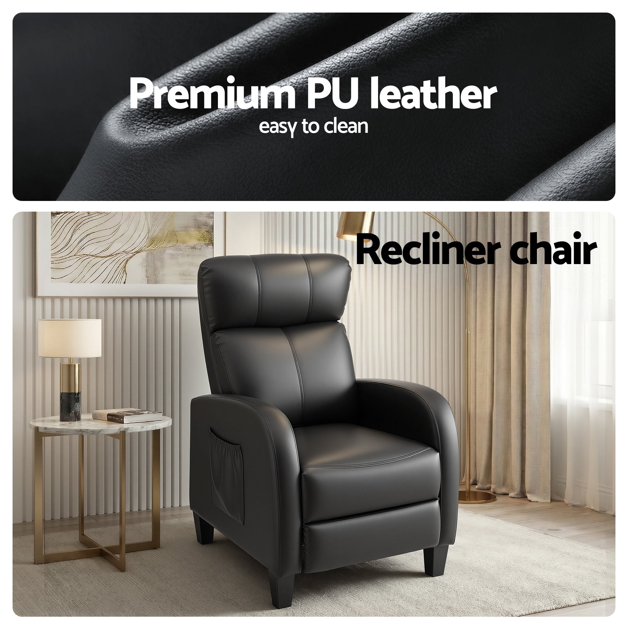 Massage Recliner Chair Small Recliner Sofa for Adults PU Leather Black - Furniture > Bar Stools & Chairs > Arm Chairs & Recliners - Rivercity House & Home Co. (ABN 18 642 972 209) - Affordable Modern Furniture Australia