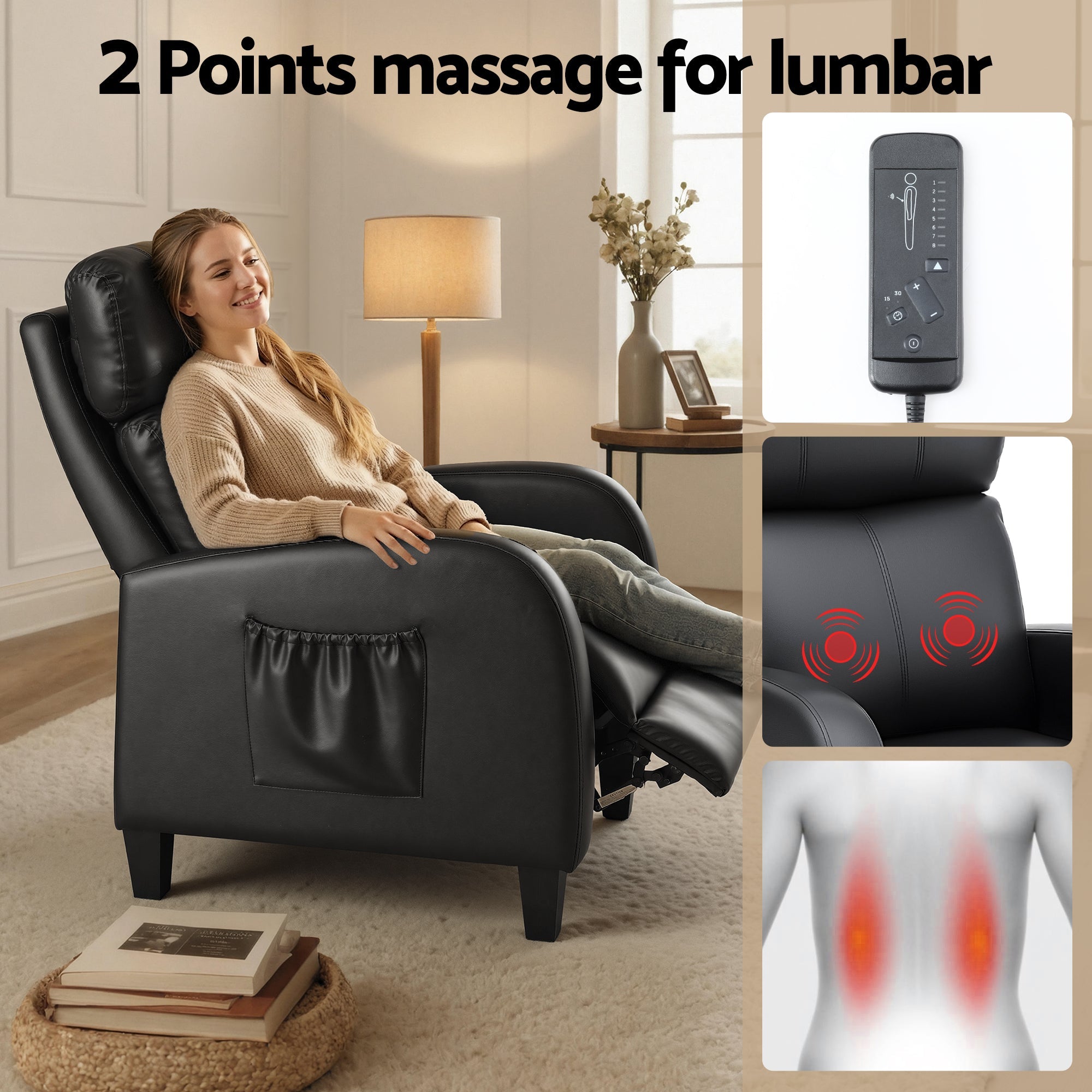 Massage Recliner Chair Small Recliner Sofa for Adults PU Leather Black - Furniture > Bar Stools & Chairs > Arm Chairs & Recliners - Rivercity House & Home Co. (ABN 18 642 972 209) - Affordable Modern Furniture Australia