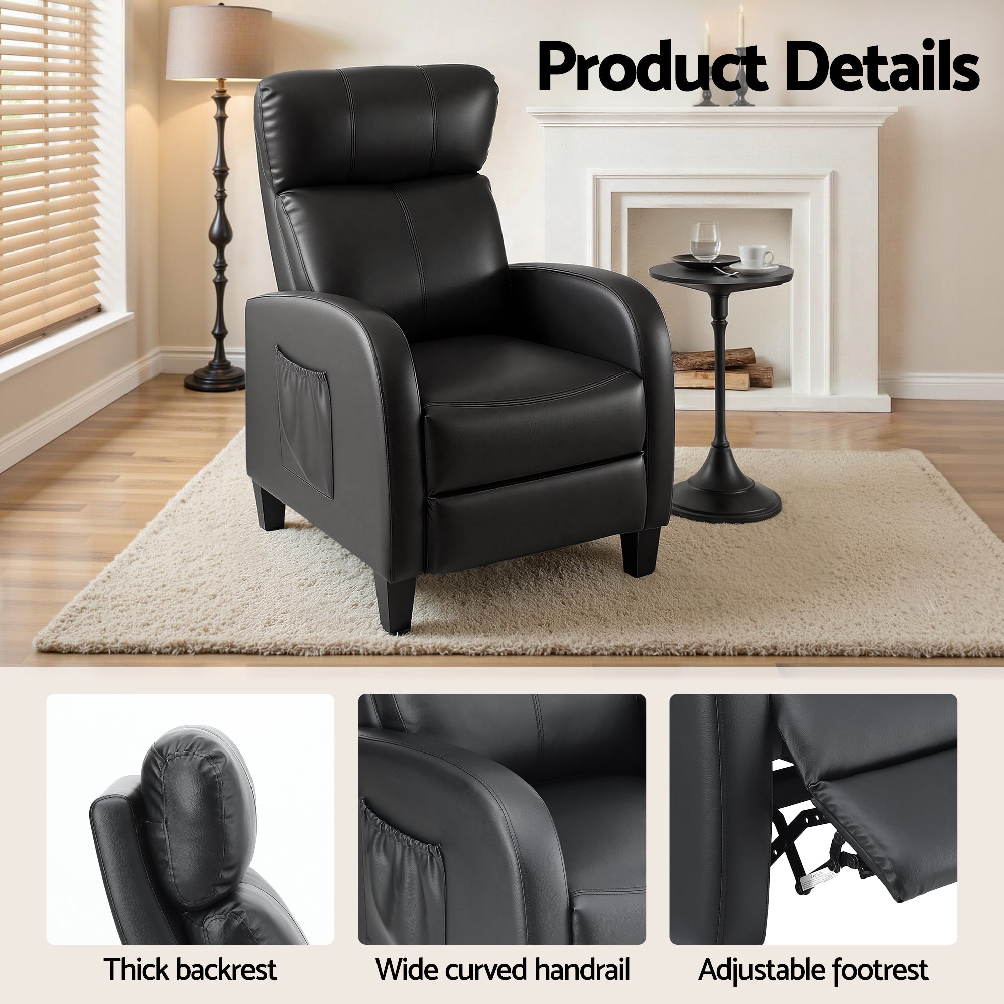Massage Recliner Chair Small Recliner Sofa for Adults PU Leather Black - Furniture > Bar Stools & Chairs > Arm Chairs & Recliners - Rivercity House & Home Co. (ABN 18 642 972 209) - Affordable Modern Furniture Australia
