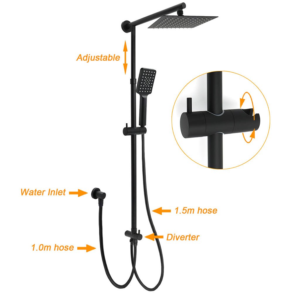 Matt Black 2in1 Set 8" Square Thin Shower Head Handheld Adjustable Silding Rail Twin Taps - Furniture > Bathroom > Shower Heads & Screens - Rivercity House & Home Co. (ABN 18 642 972 209) - Affordable Modern Furniture Australia