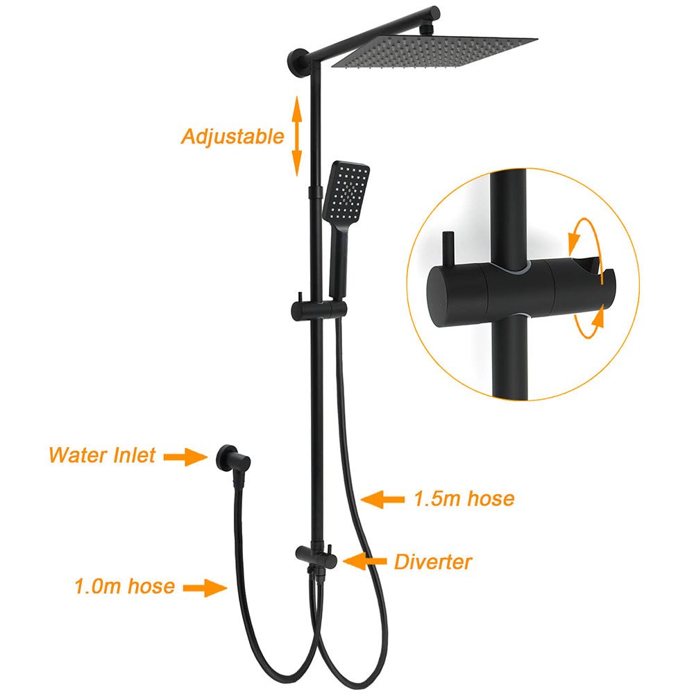 Matt Black 2in1 Set Square 10" Shower Rain Head Handheld Adjustable Silding Rail + Twin Taps - Furniture > Bathroom > Shower Heads & Screens - Rivercity House & Home Co. (ABN 18 642 972 209) - Affordable Modern Furniture Australia