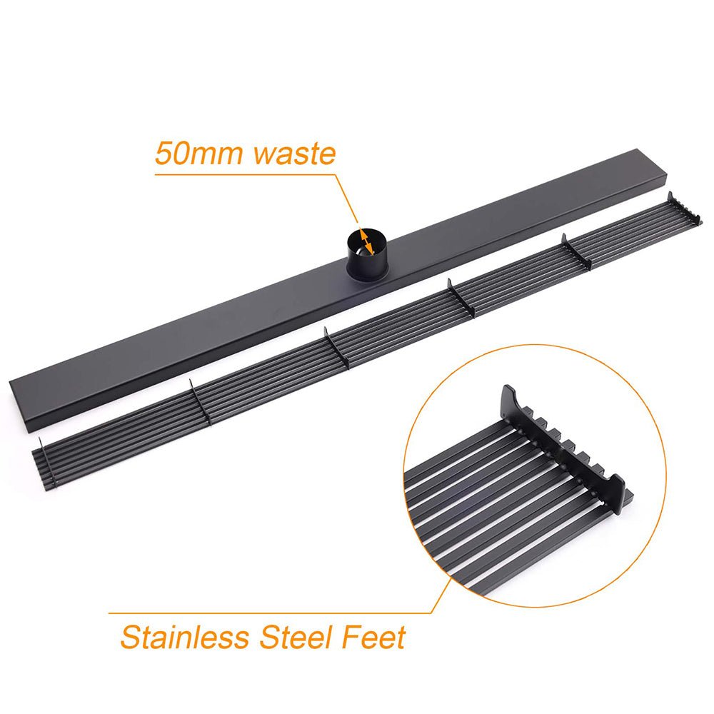 Matt Black 600mm Strip Fence Sword Shower Grate Floor Drain 50mm Waste Outlet - Furniture > Bathroom > Shower Heads & Screens - Rivercity House & Home Co. (ABN 18 642 972 209) - Affordable Modern Furniture Australia