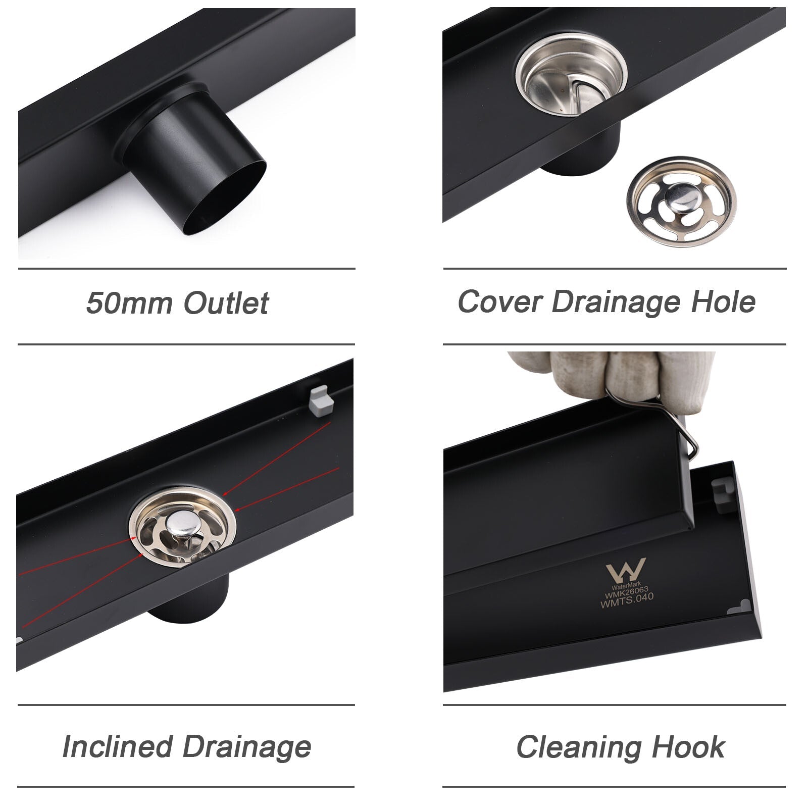 Matt Black 600mm Tile Insert Linear Shower Grate Floor Drain 50mm Waste Outlet - Furniture > Bathroom > Shower Heads & Screens - Rivercity House & Home Co. (ABN 18 642 972 209) - Affordable Modern Furniture Australia