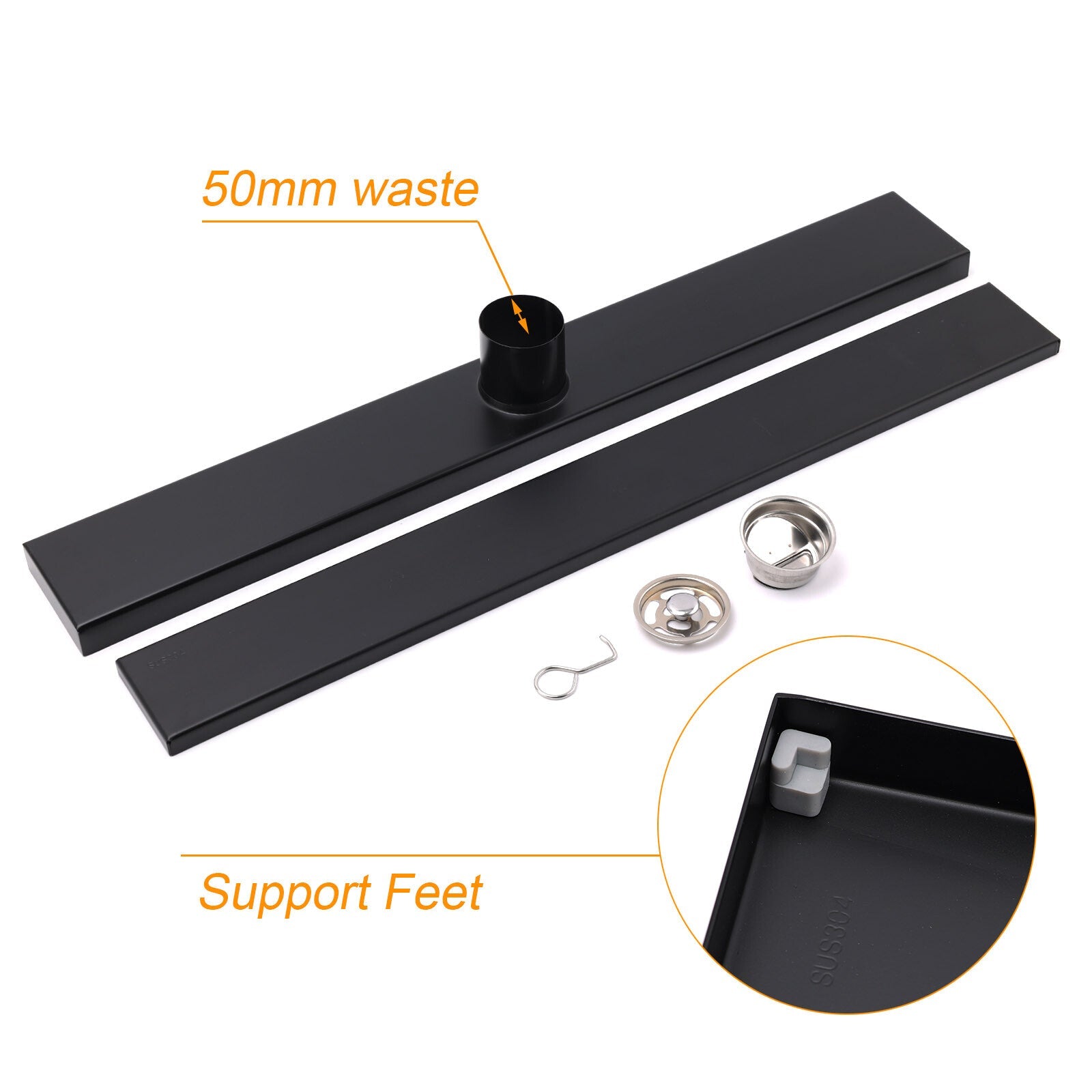 Matt Black 800mm Tile Insert Bathroom Floor Drain Shower Grate 50mm Outlet Waste - Furniture > Bathroom > Shower Heads & Screens - Rivercity House & Home Co. (ABN 18 642 972 209) - Affordable Modern Furniture Australia