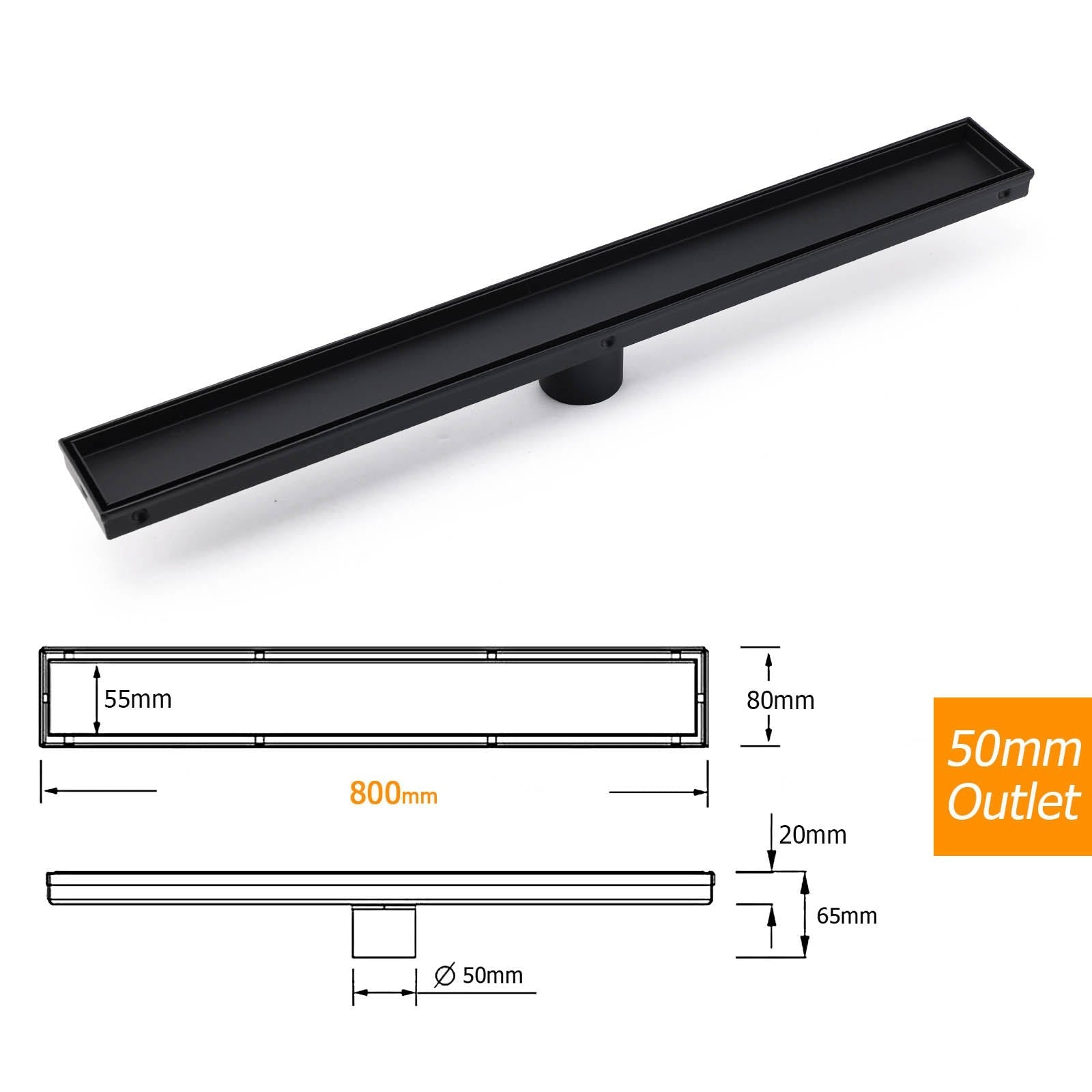 Matt Black 800mm Tile Insert Bathroom Floor Drain Shower Grate 50mm Outlet Waste - Furniture > Bathroom > Shower Heads & Screens - Rivercity House & Home Co. (ABN 18 642 972 209) - Affordable Modern Furniture Australia