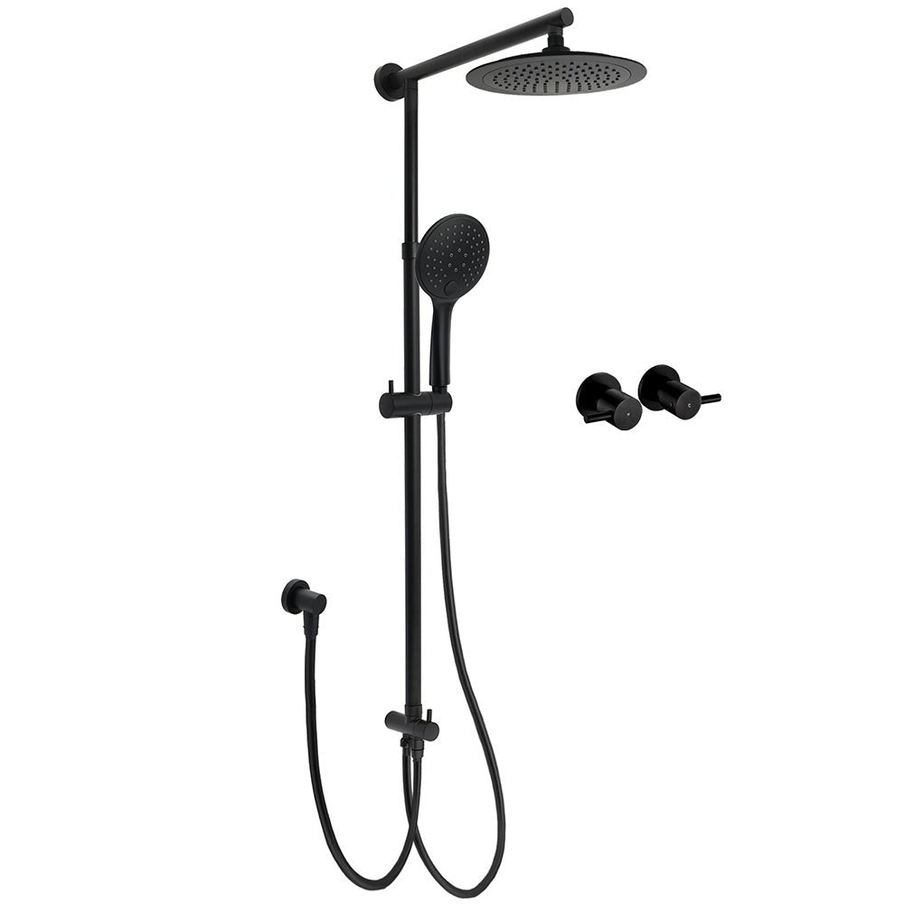 Matt Black 9" Round Rain Shower Head Handheld Adjustable Rail Arm Elbow Twin Set Hot Cold Taps - Furniture > Bathroom > Shower Heads & Screens - Rivercity House & Home Co. (ABN 18 642 972 209) - Affordable Modern Furniture Australia
