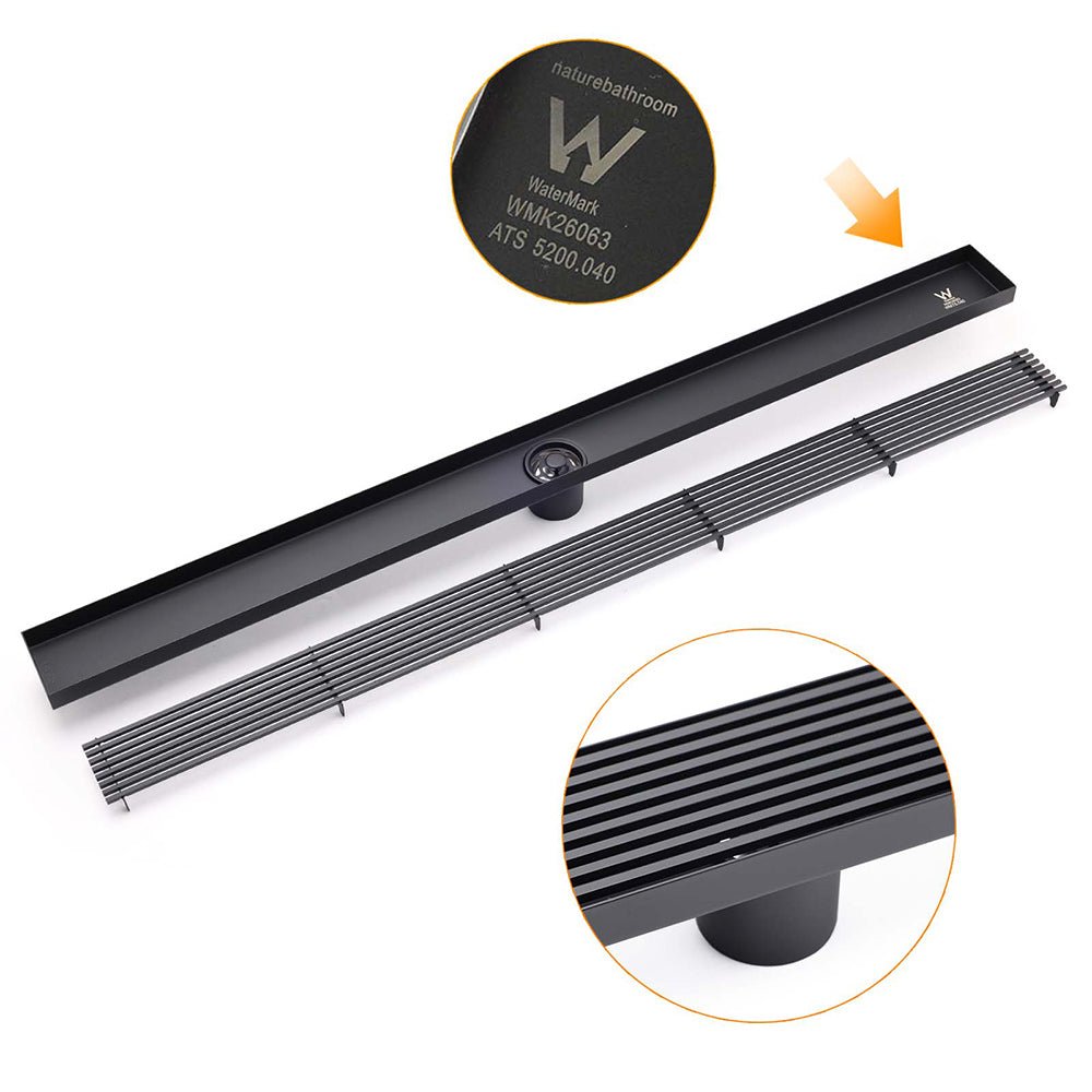 Matt Black 900mm Long Strip Fence Shower Grate Floor Drain 50mm Waste Watermark - Furniture > Bathroom > Shower Heads & Screens - Rivercity House & Home Co. (ABN 18 642 972 209) - Affordable Modern Furniture Australia