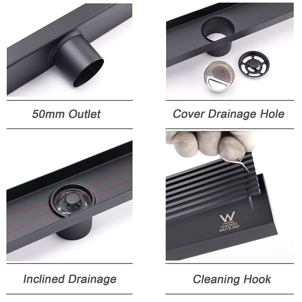 Matt Black 900mm Long Strip Fence Shower Grate Floor Drain 50mm Waste Watermark - Furniture > Bathroom > Shower Heads & Screens - Rivercity House & Home Co. (ABN 18 642 972 209) - Affordable Modern Furniture Australia