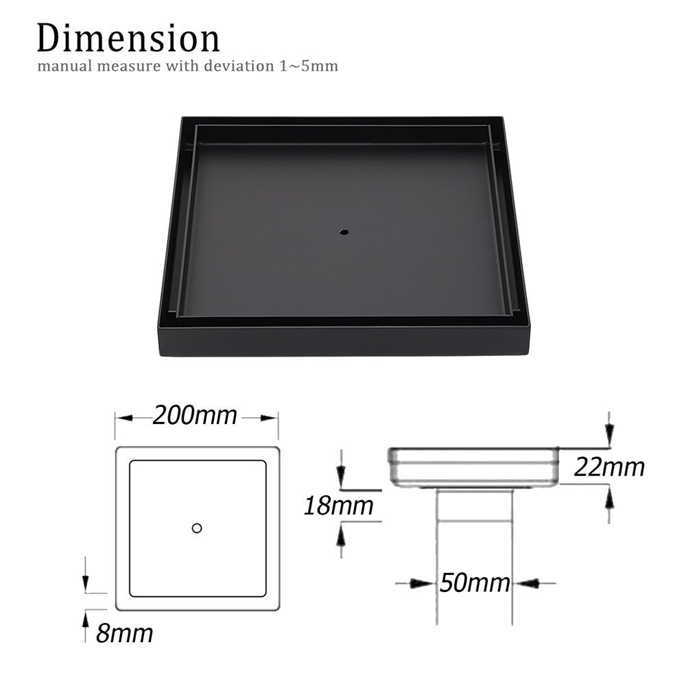 Matt Black Bathroom Big 200mm Tile Insert Floor Drain Shower Grate 50mm Outlet - Furniture > Bathroom > Shower Heads & Screens - Rivercity House & Home Co. (ABN 18 642 972 209) - Affordable Modern Furniture Australia