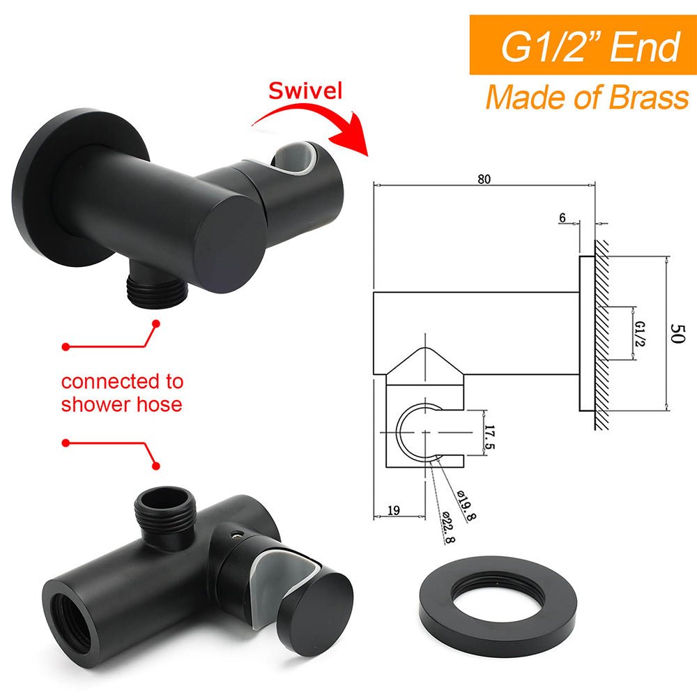 Matt Black Brass Hand Shower Bracket Swivel Holder Wall Elbow Connector Water Inlet Kit - Furniture > Bathroom > Shower Heads & Screens - Rivercity House & Home Co. (ABN 18 642 972 209) - Affordable Modern Furniture Australia