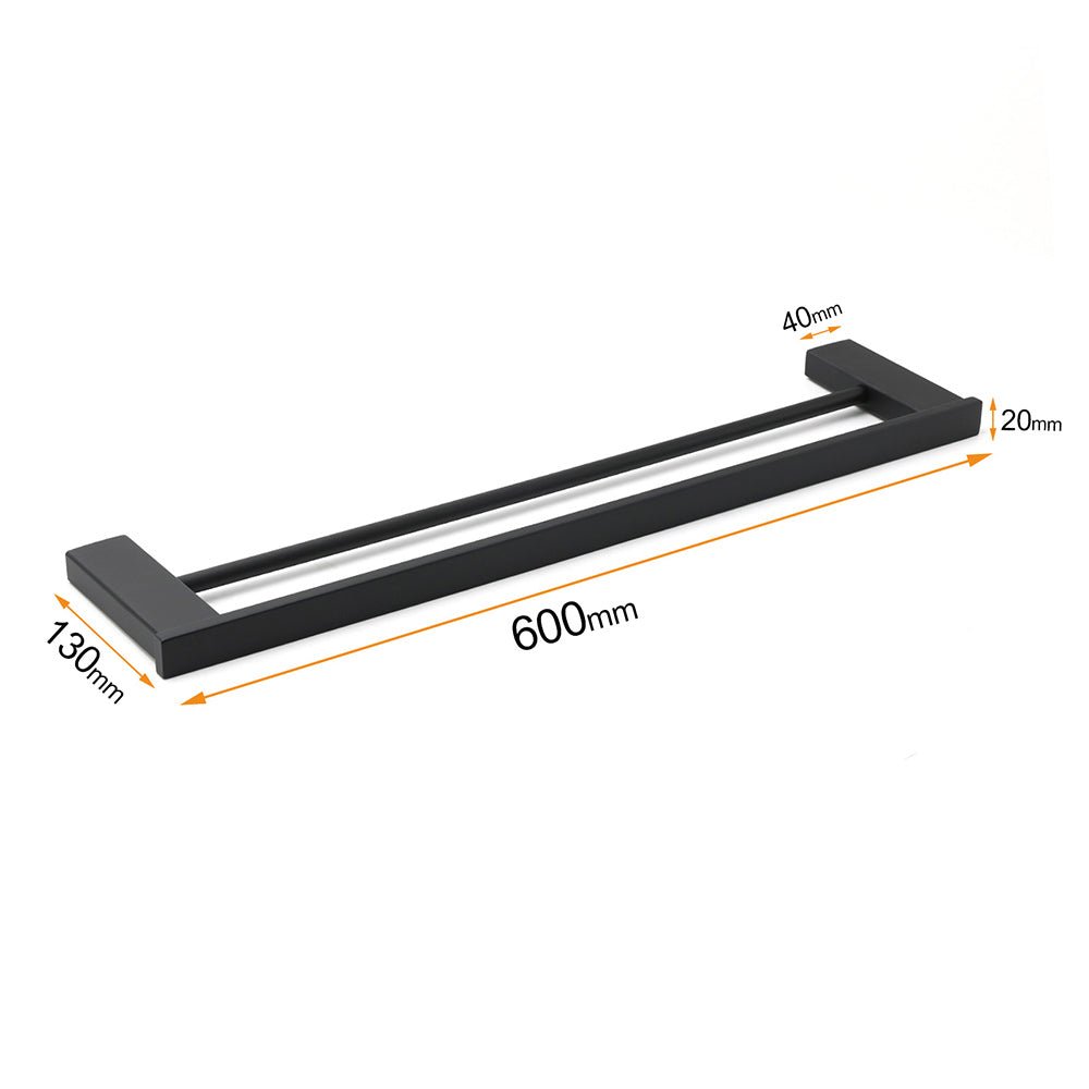 Matt Black Cubic Square 600mm Double Towel Rail Rack Hanger Holder Bar Wall Kit - Home & Garden > Bathroom Accessories > Shower Accessories - Rivercity House & Home Co. (ABN 18 642 972 209) - Affordable Modern Furniture Australia