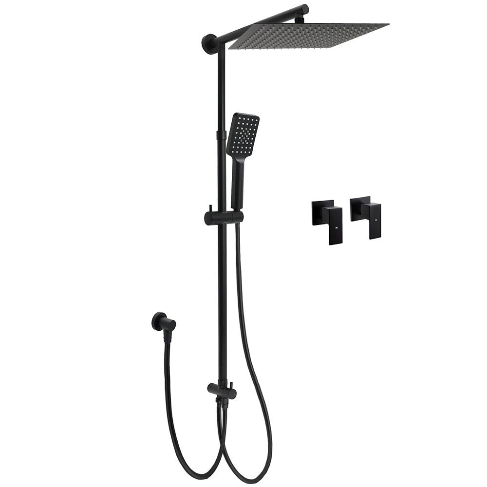 Matt Black Dual Shower Large 12" Square Head Handheld Adjustable Silde Rail Set Twin Taps - Furniture > Bathroom > Shower Heads & Screens - Rivercity House & Home Co. (ABN 18 642 972 209) - Affordable Modern Furniture Australia