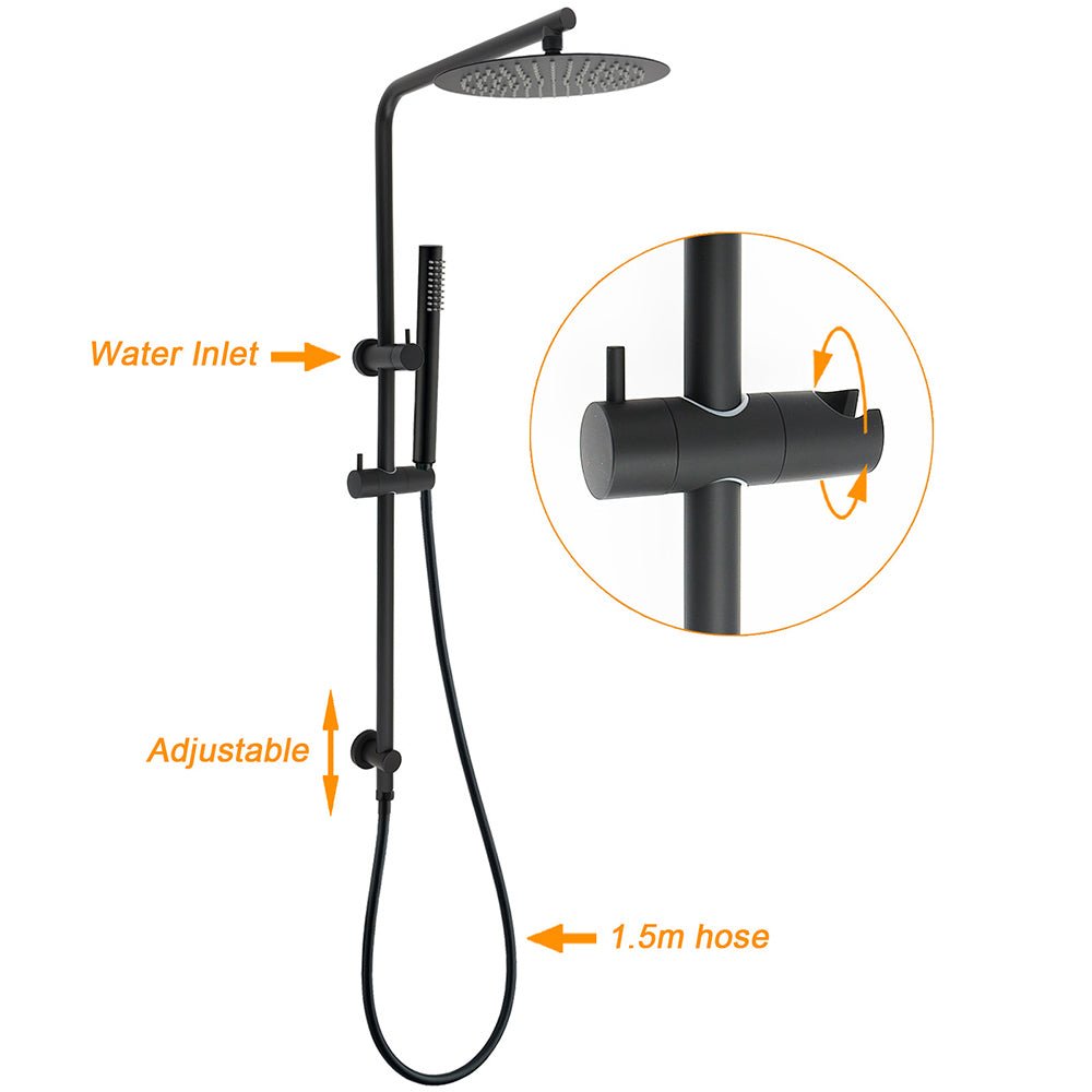 Matt Black Round 250mm Rain Shower Head Brass Handheld Slide Rail Riser Arm Set - Furniture > Bathroom > Shower Heads & Screens - Rivercity House & Home Co. (ABN 18 642 972 209) - Affordable Modern Furniture Australia