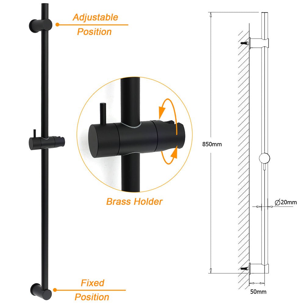 Matt Black Solid Brass 850mm Long Sliding Rail Bar Swivel Handheld Shower Holder - Furniture > Bathroom > Shower Heads & Screens - Rivercity House & Home Co. (ABN 18 642 972 209) - Affordable Modern Furniture Australia