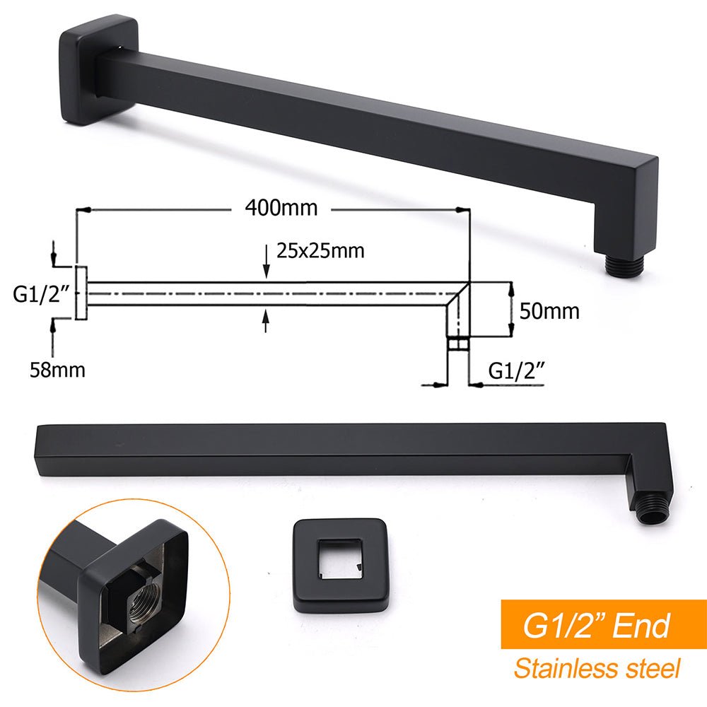 Matt Black Square 8" Rainfall Shower Head & 400mm Brass Straight Wall Mount Arm Set - Furniture > Bathroom > Shower Heads & Screens - Rivercity House & Home Co. (ABN 18 642 972 209) - Affordable Modern Furniture Australia