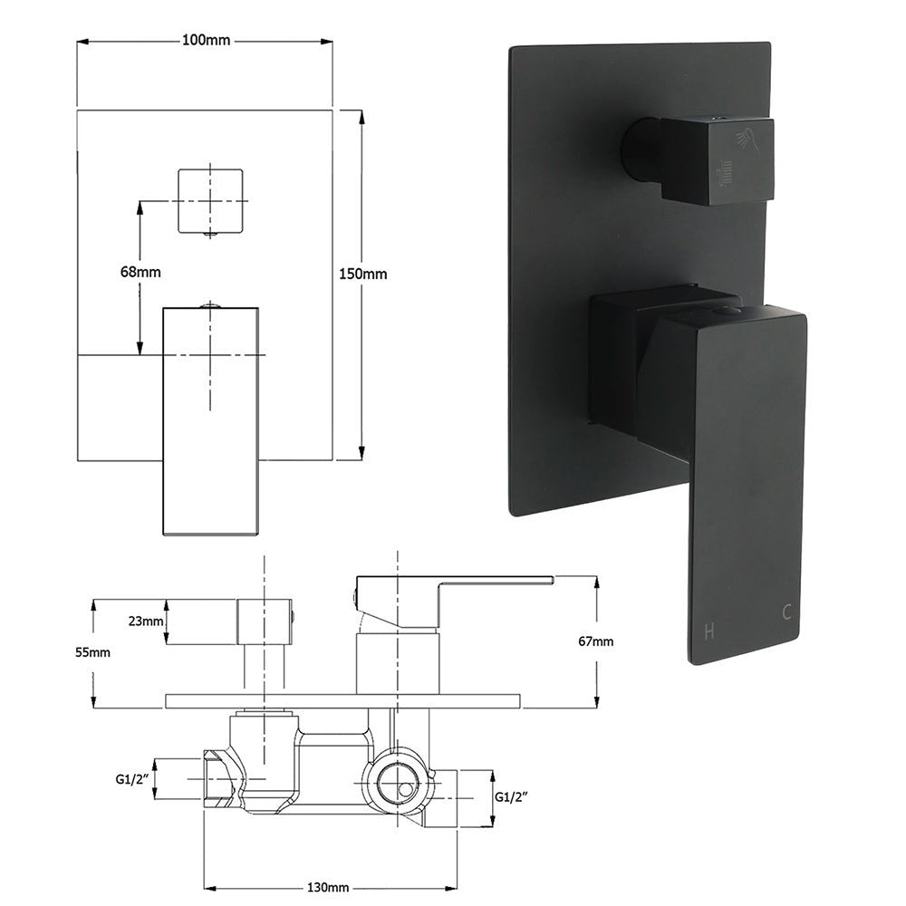 Matt Black Square Stainless Steel Shower Mixer 2 Way Bath Set Diverter Watermark - Furniture > Bathroom > Shower Heads & Screens - Rivercity House & Home Co. (ABN 18 642 972 209) - Affordable Modern Furniture Australia