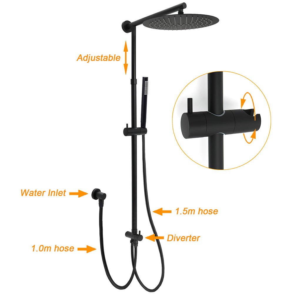 Matte Black Large 12" Round Shower Head Twin Set Stainless Steel Handheld Diverter Wall Rail Arm - Furniture > Bathroom > Shower Heads & Screens - Rivercity House & Home Co. (ABN 18 642 972 209) - Affordable Modern Furniture Australia