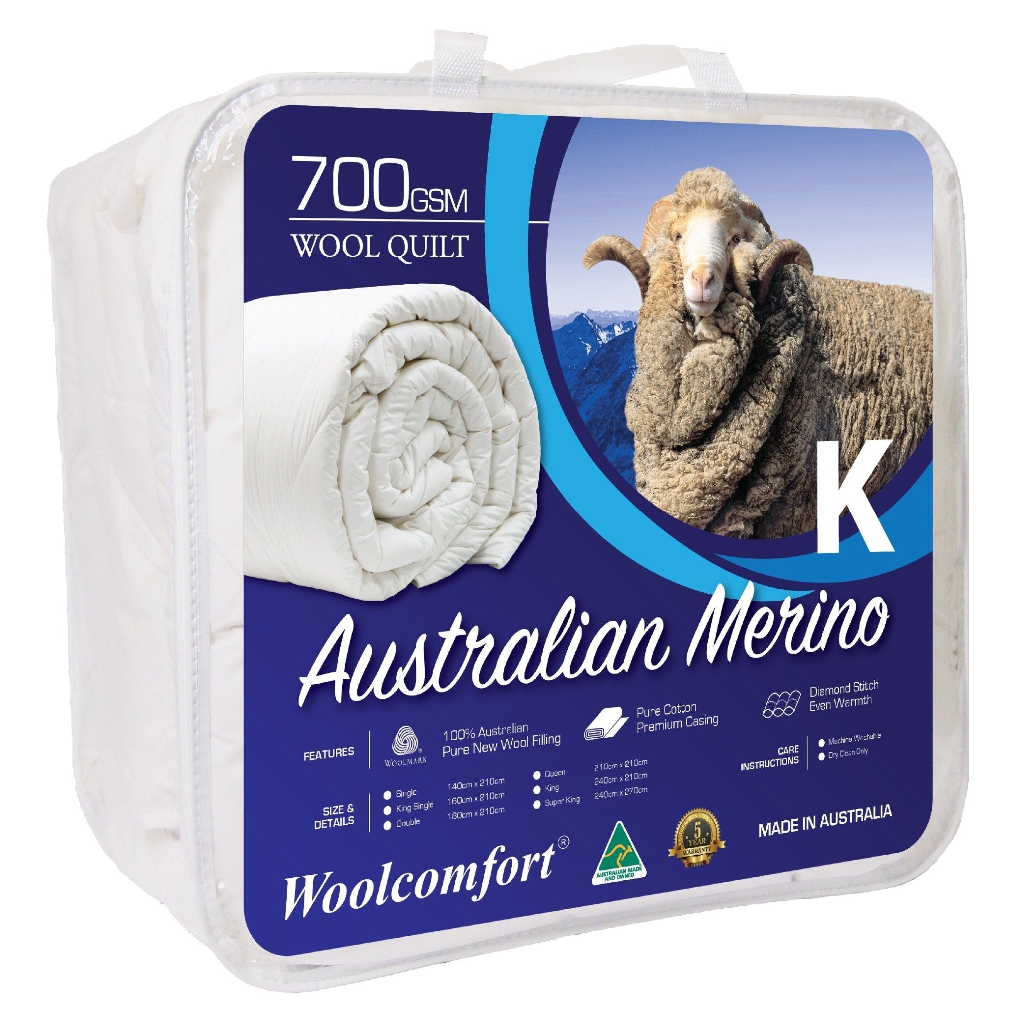 Merino Wool Quilt 700GSM King Size 240x210cm Australian Made - Natural - Home & Garden > Bedding > Quilts & Duvets - Rivercity House & Home Co. (ABN 18 642 972 209) - Affordable Modern Furniture Australia