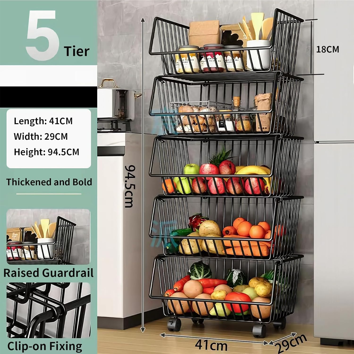 Metal 5 - Tier Rolling Vegetable and Fruit Basket Cart Stand for Kitchen - Home & Garden > Kitchenware > Food Storage - Rivercity House & Home Co. (ABN 18 642 972 209) - Affordable Modern Furniture Australia