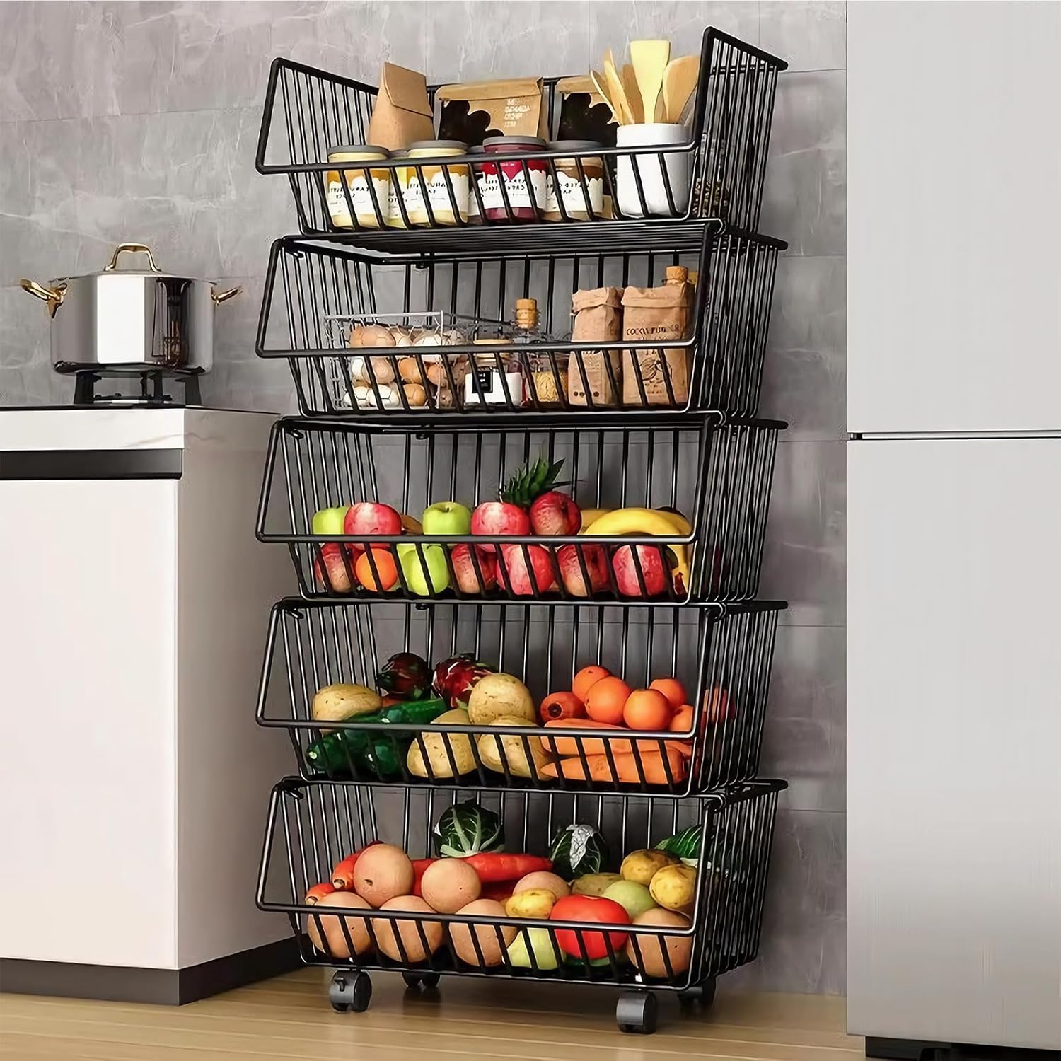 Metal 5 - Tier Rolling Vegetable and Fruit Basket Cart Stand for Kitchen - Home & Garden > Kitchenware > Food Storage - Rivercity House & Home Co. (ABN 18 642 972 209) - Affordable Modern Furniture Australia